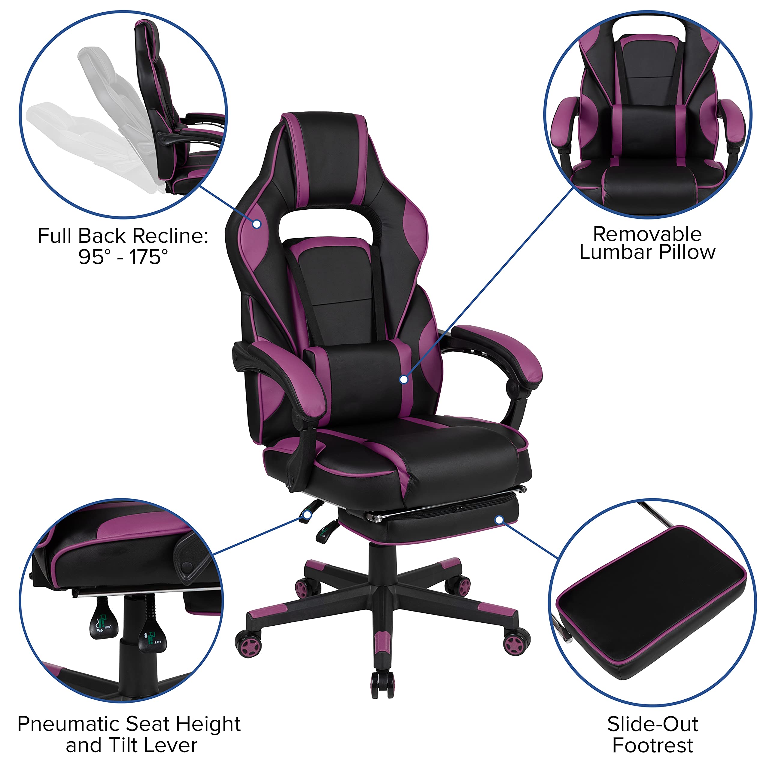 Flash Furniture X40 Gaming Chair Racing Ergonomic Computer Chair with Fully Reclining Back/Arms, Slide-Out Footrest, Massaging Lumbar - Black/Purple