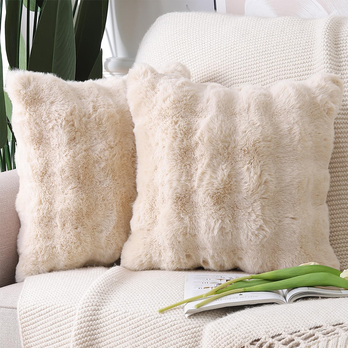 Madizz Pack Of 2 Thick Plush Wool Throw Pillow Covers 16X16 Inch Beige Soft Decorative Cushion Cover For Sofa Bedroom Pillow She