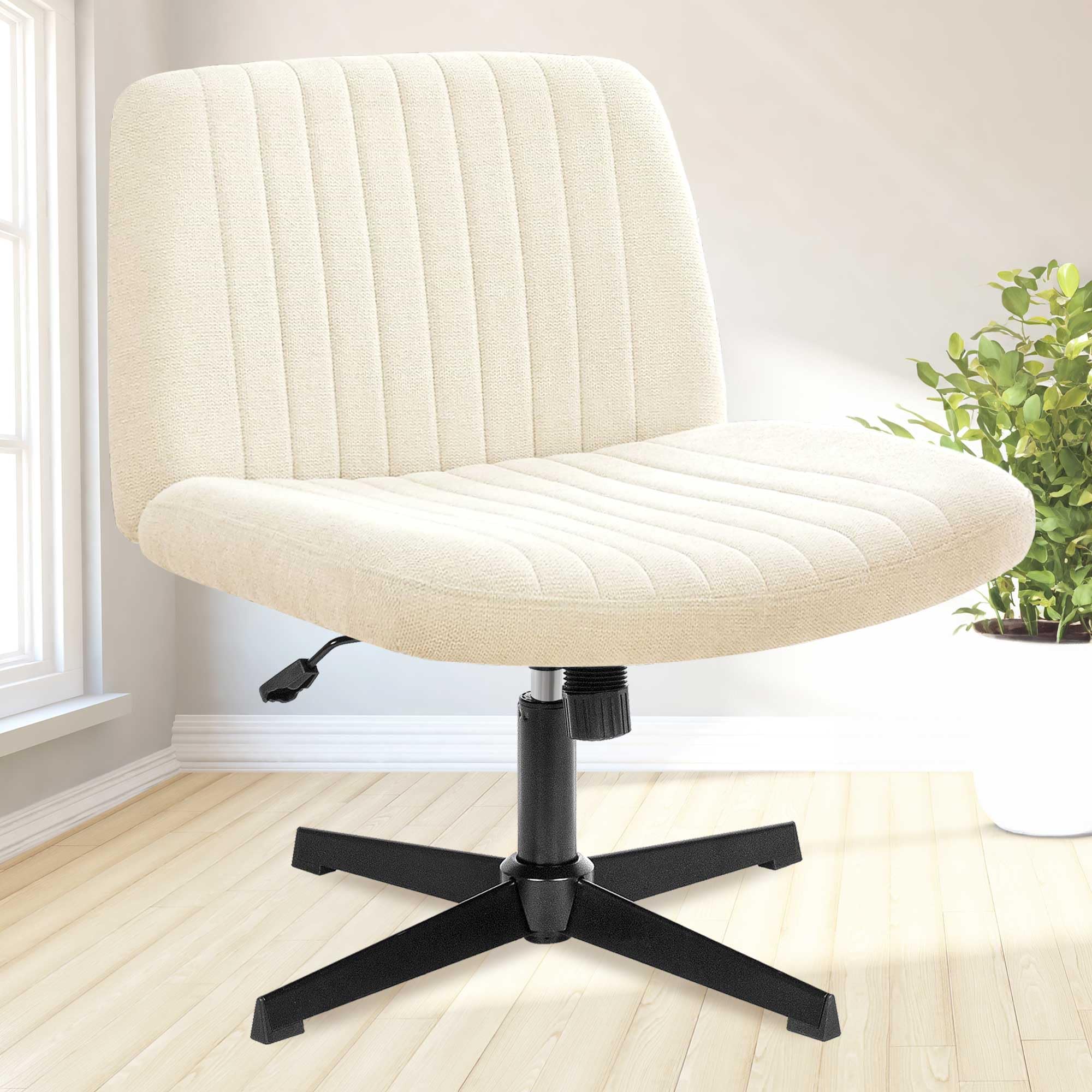 Neo Chair Criss Cross Chair No Wheels Armless Cross Legged Office Desk Wide Comfy Vanity Makeup Chair Adjustable Computer Task For Home Office Fabric (Beige)