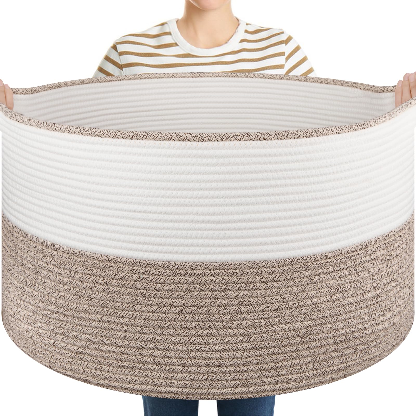 OIASKET Large Blanket Basket with Handles, 22.8 x 22.8 x 13 Woven Storage Basket for Living Room, Cotton Rope Baby Toy Storage f