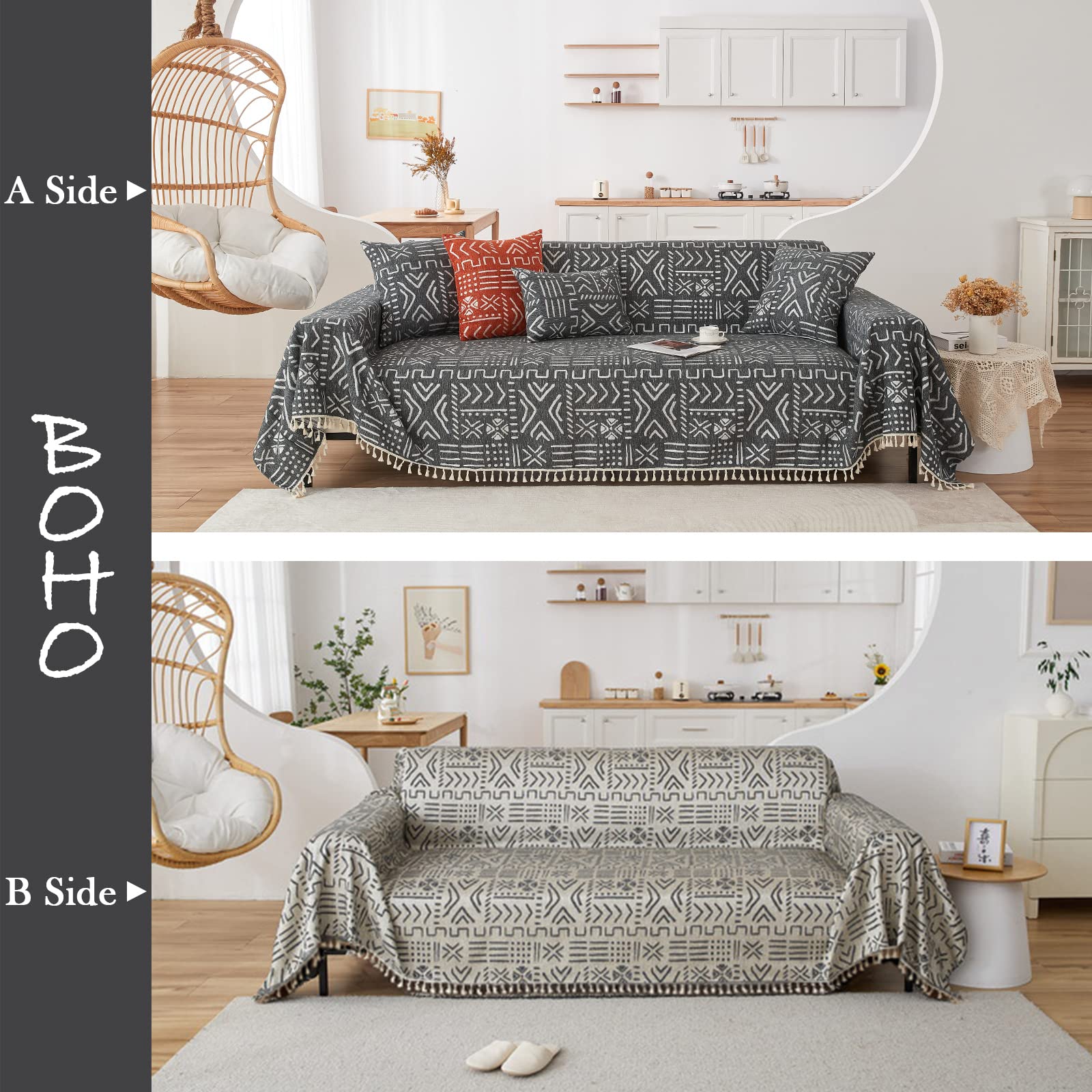 Handontime Black White Boho Sofa Cover Geometric Farmhouse Tassel Couch Covers Boho Living Room Décor Dog Sofa Covers For Slipcover Aesthetic Couch Cushion Cover Couch Protector For Dogs, 71' X134'