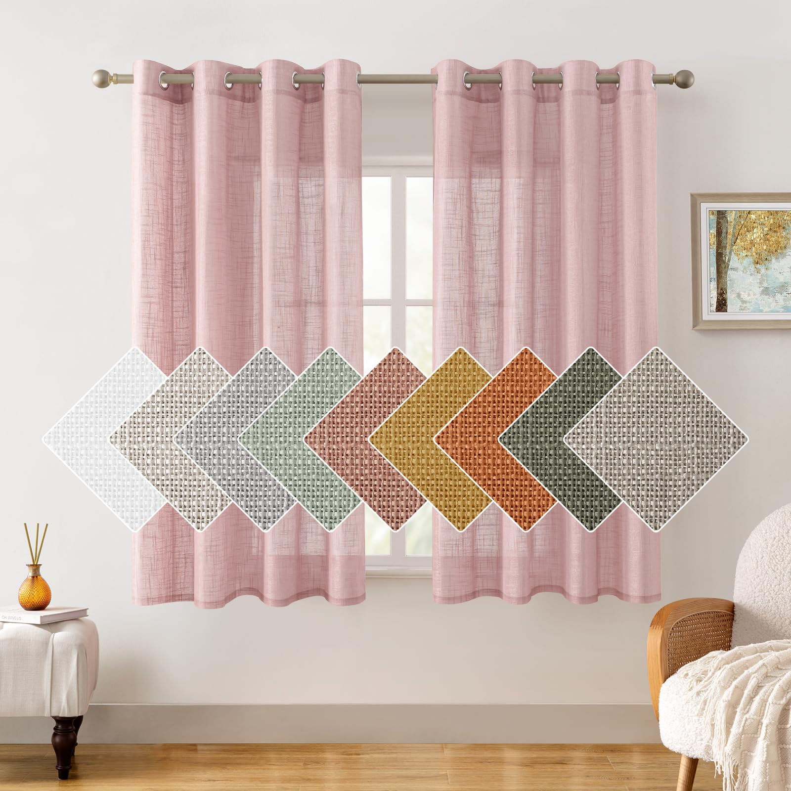 HOMEIDEAS Pink Linen Sheer Curtains 63 Inches Long 2 Panels Textured Semi Sheer Curtains Farmhouse Curtains Sheer Privacy Window