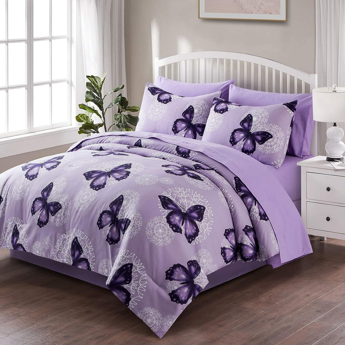 Artall Bed In A Bag Full/Queen Size 8 Pieces, Purple Butterfly All Season Bedding Comforter Bed Set With Pillow Shams, Flat Shee
