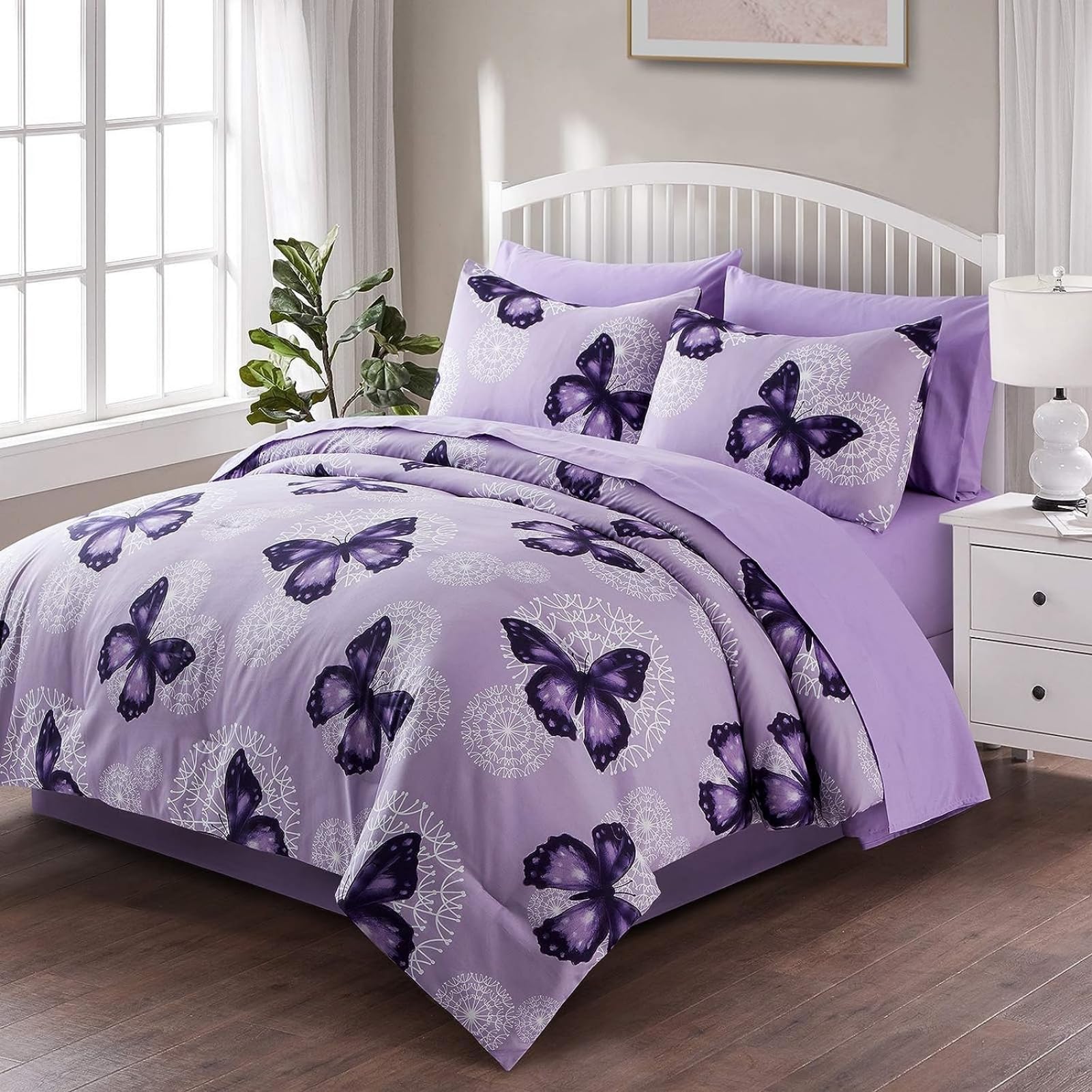Artall Bed In A Bag Full/Queen Size 8 Pieces, Purple Butterfly All Season Bedding Comforter Bed Set With Pillow Shams, Flat Shee