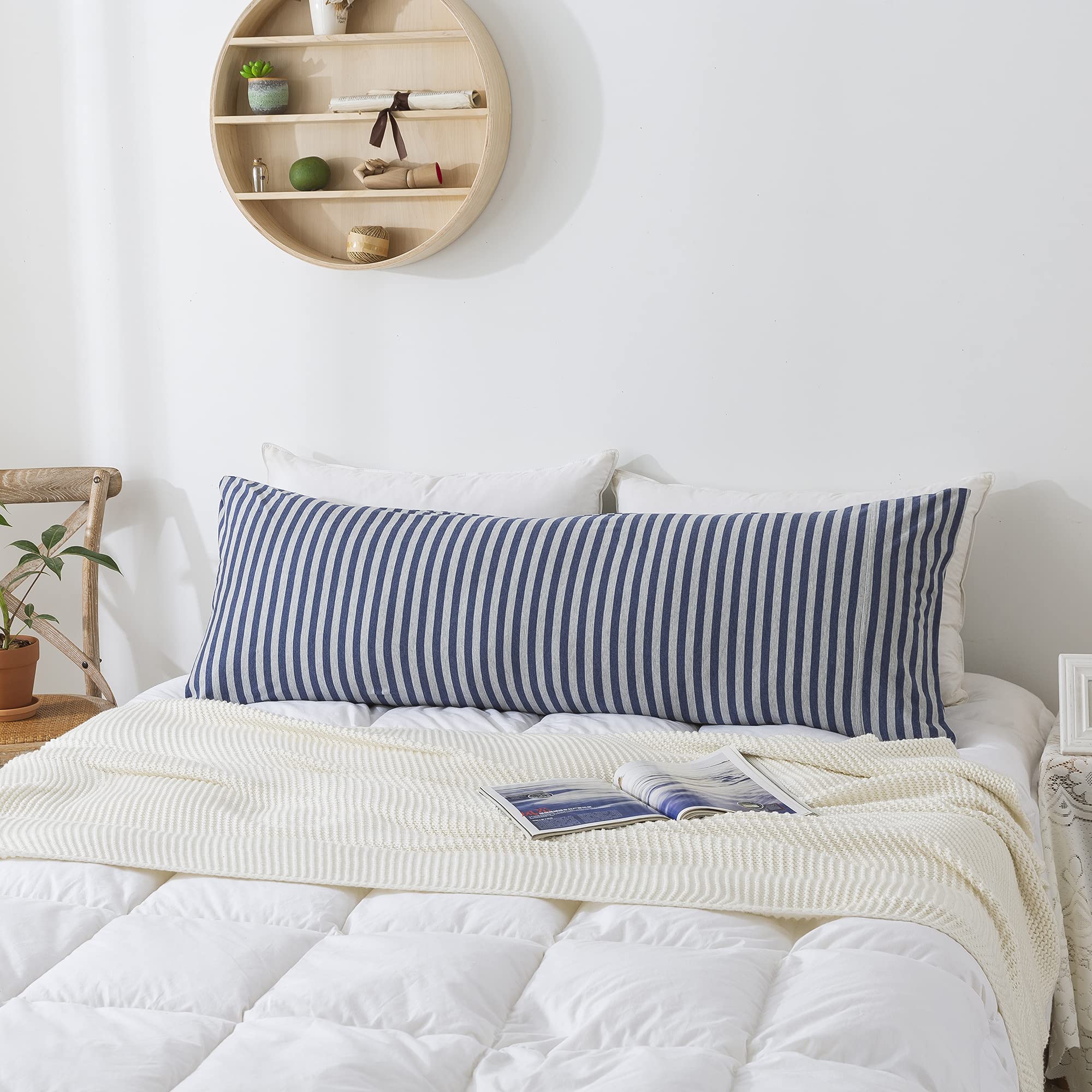H HOUSEHOLD Pillowcases, 100% Cotton Jersey Knit, Soft and Cozy, Wrinkle, Stain Resistant with Envelope Closure (Dark Blue Strip