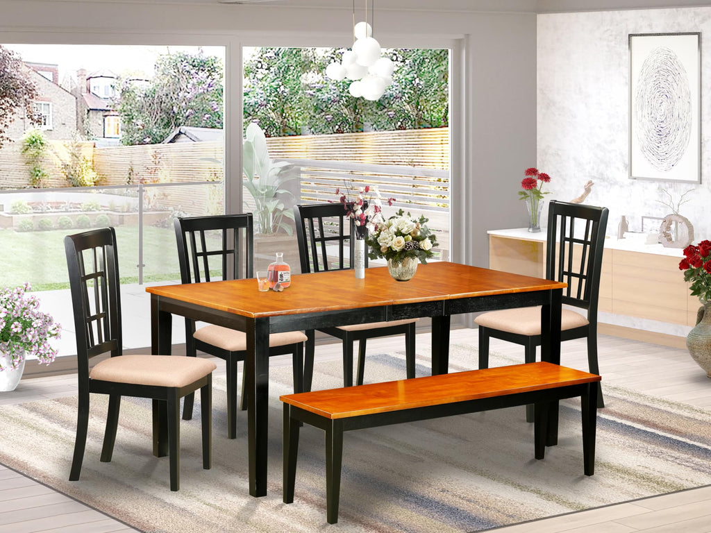 East West Furniture NICO6-BLK-C 6 Piece Kitchen Set Contains a Rectangle Table with Butterfly Leaf and 4 Linen Fabric Dining Chairs with a Bench, 36x66 Inch, Black & Cherry