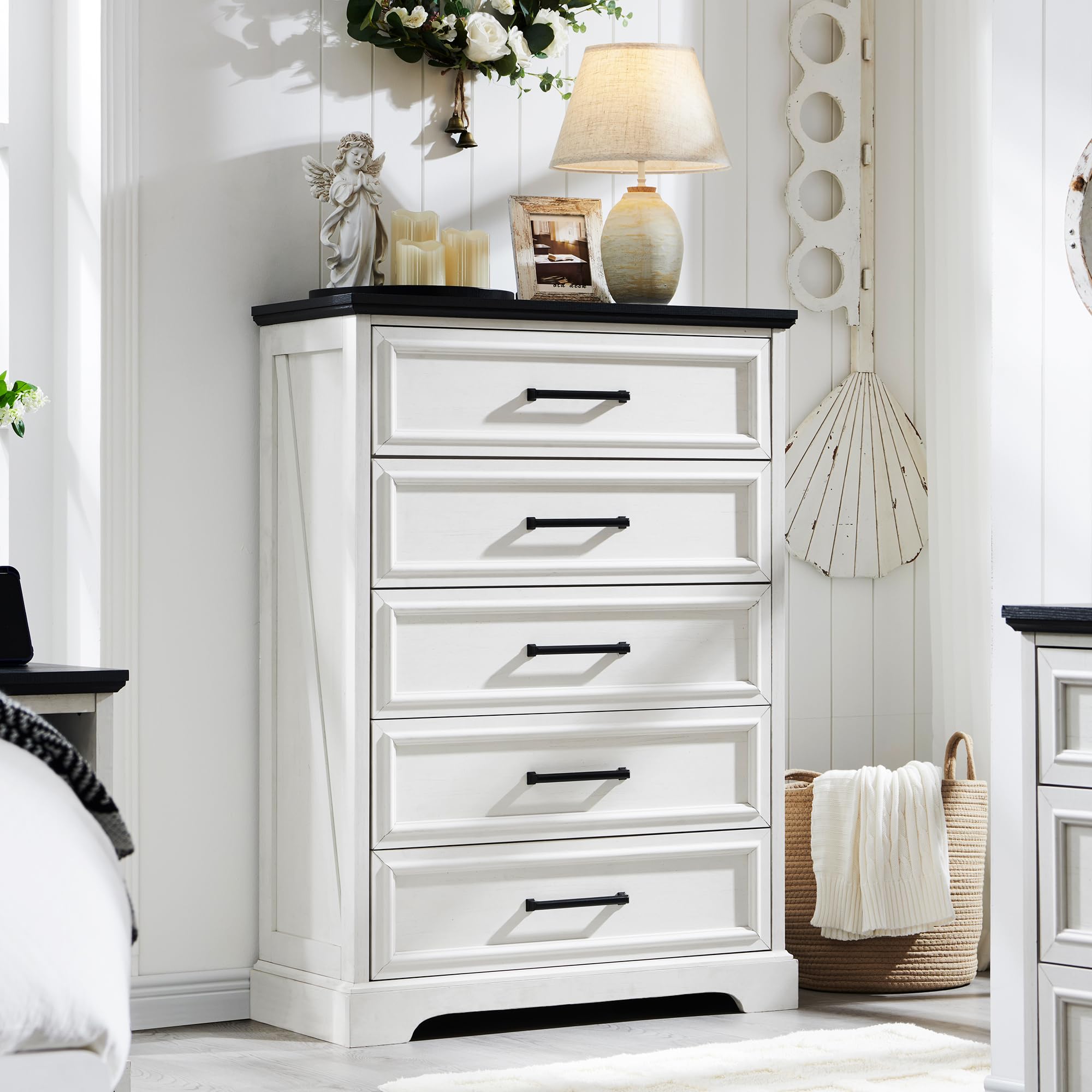 ACCOHOHO Farmhouse 5 Drawers Dresser Chests for Bedroom,46  Tall Wood Rustic Chest of Drawers with Wide Metal Handle,Natural Tex