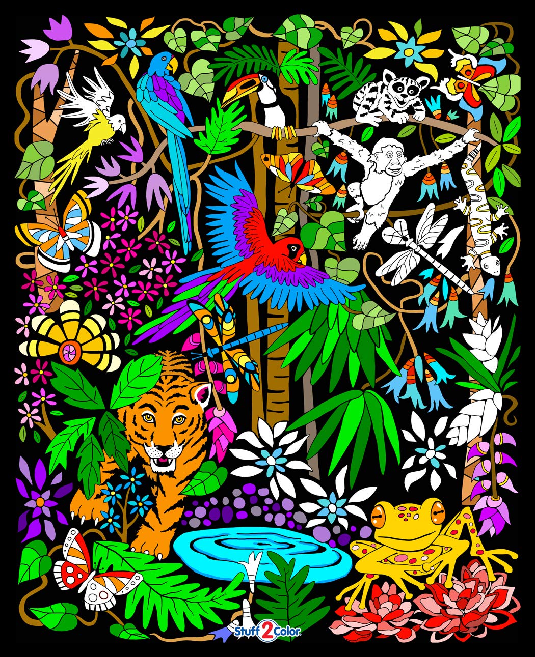 Stuff2Color Rainforest Velvet Coloring Poster - With Frogs, Monkeys, Birds and Tiger - For Kids, Toddlers, Girls, Boys and Adult