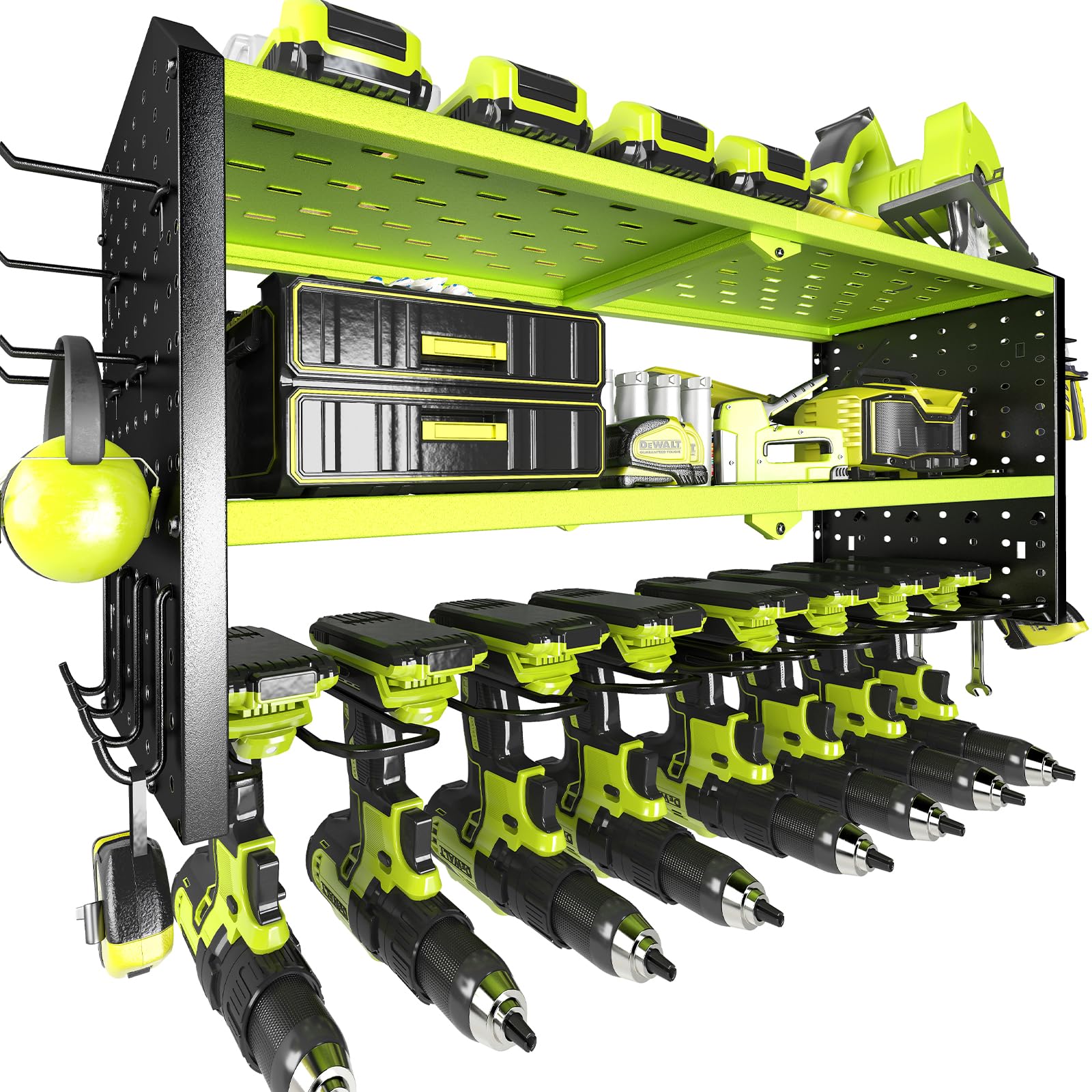 Kafahom Power Tool Organizer, Large 8 Drill Holder Wall Mount With 2 Side Pegboards, Heavy Duty Metal Tool Shelf With 12 Hooks,