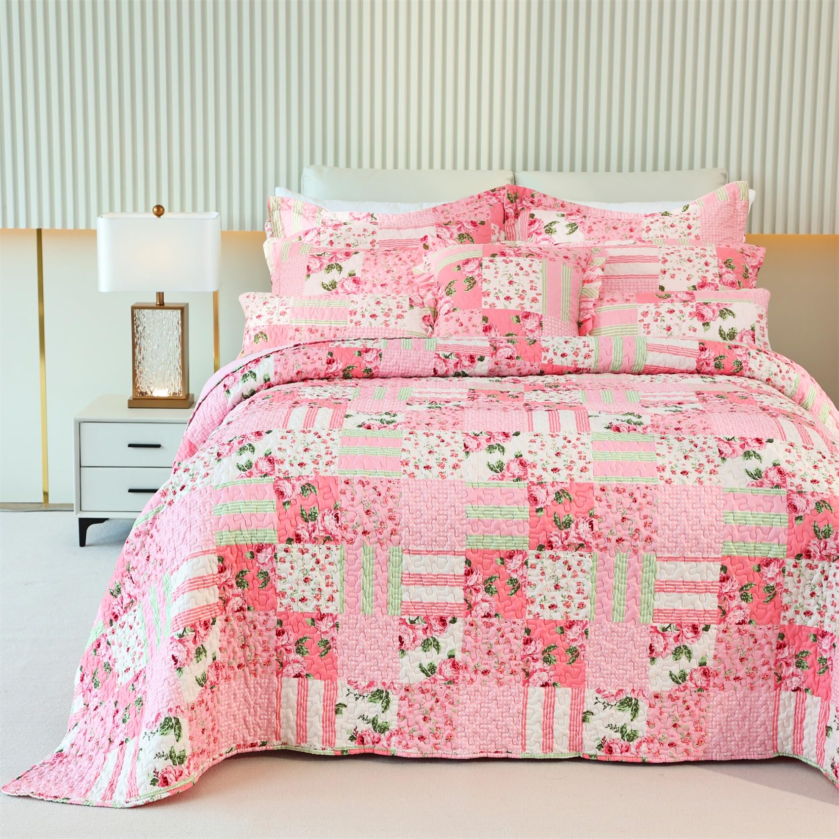 Cmfshape Floral Bedspread With 2 Pillow Shams-Queen Size,Patchwork Pink Quilt Set 3 Piece,Summer Quilt For Girls Women,Lightweig