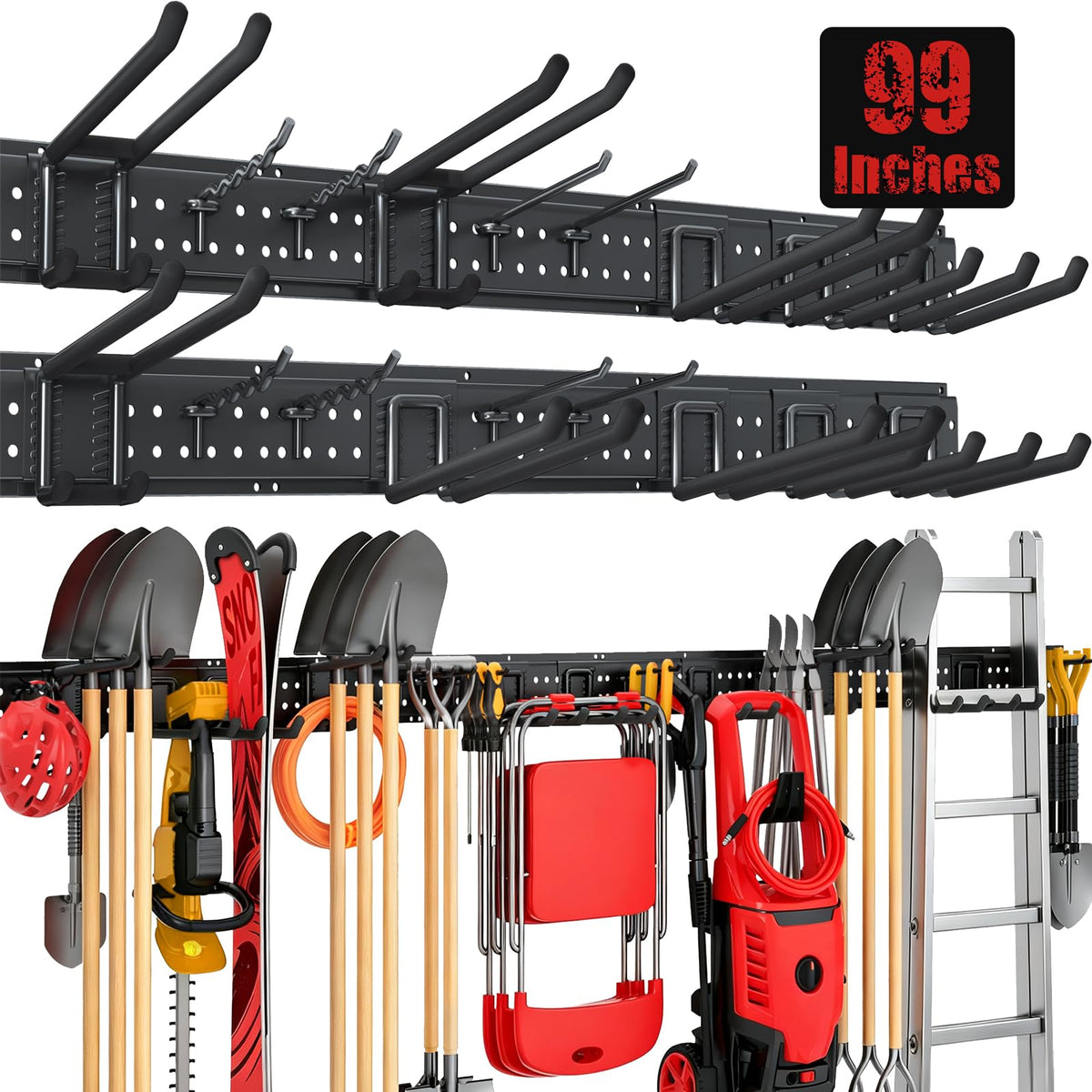 ZICANYCO Garage Tool Organizer Wall Mount 99 inches with 18 Adjustable HeavyDuty Hooks, Garage Organization, Garden Tool Storag