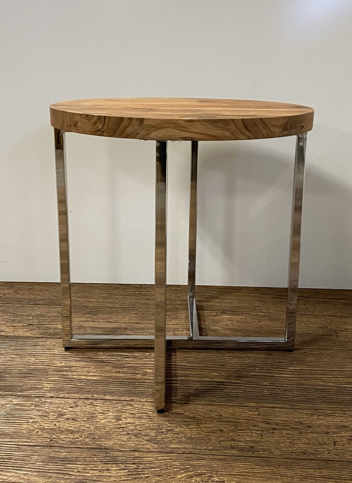 HomeRoots Stainless Steel Acacia Wood and Stainless Steel Modern Rustic Side or End Table