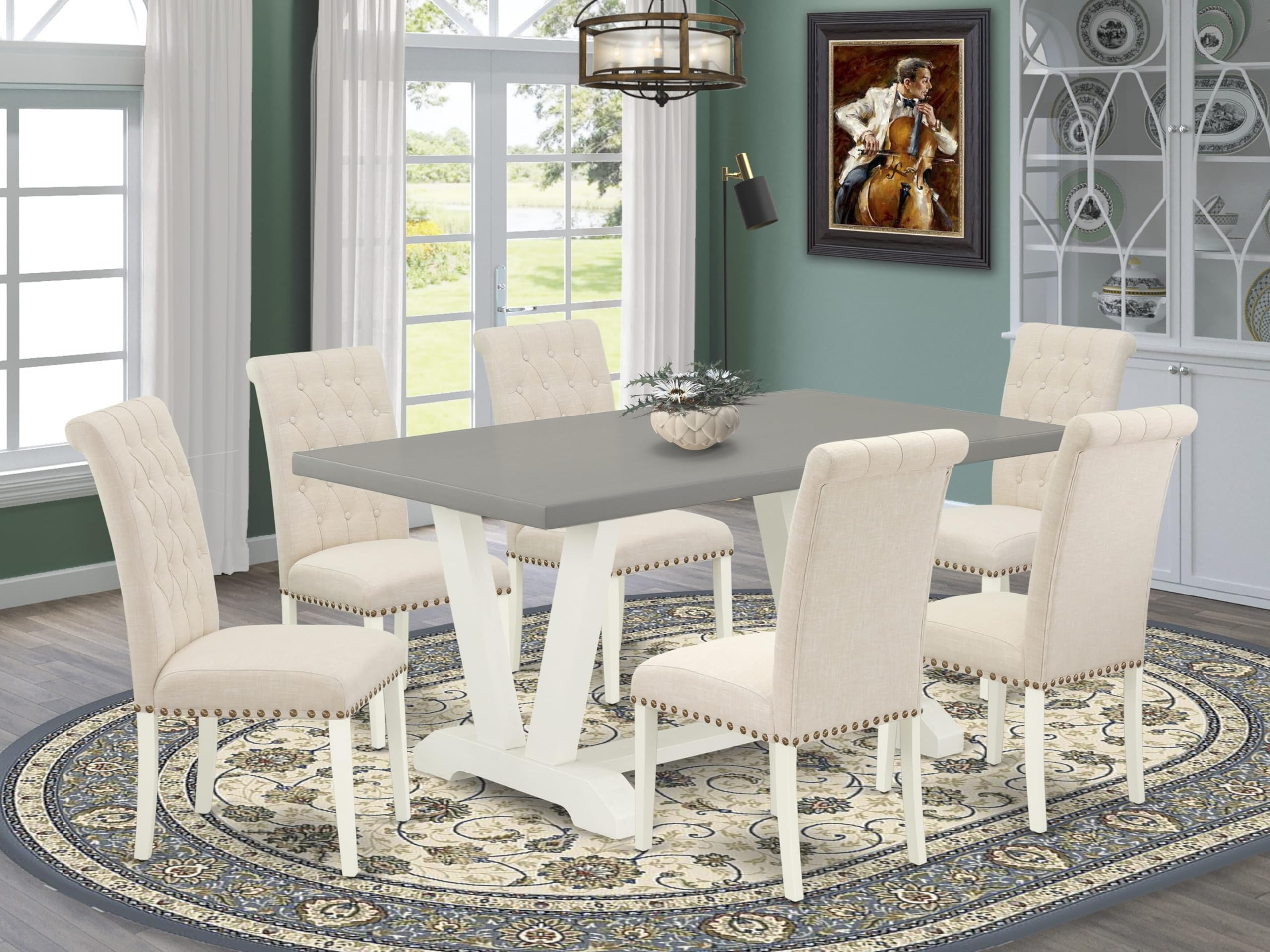 East West Furniture V096Br202-7 7 Piece Modern Dining Table Set Consist Of A Rectangle Wooden Table With V-Legs And 6 Light Beige Linen Fabric Parsons Dining Chairs, 36X60 Inch, Multi-Color