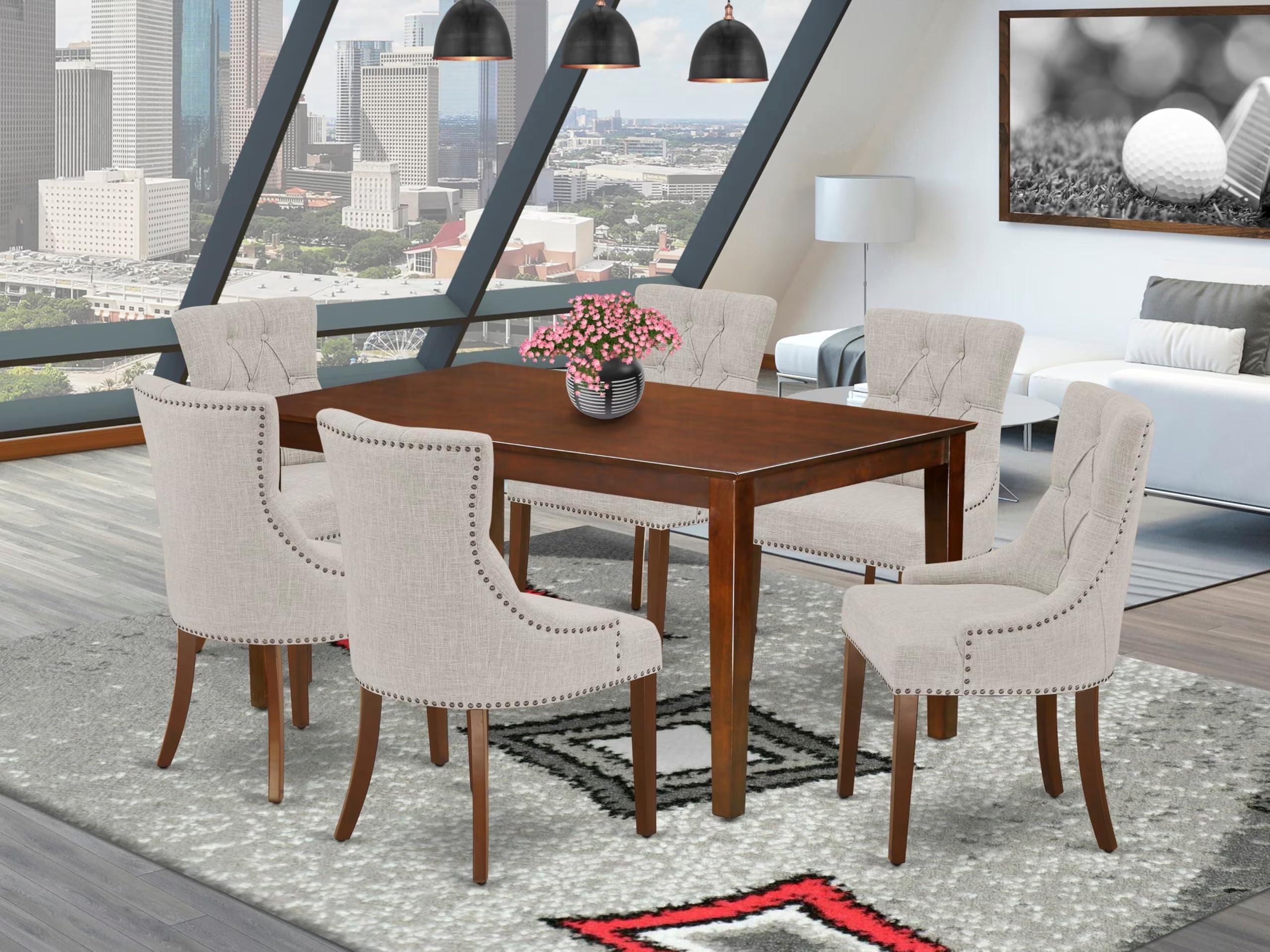 East West Furniture Cafr7-Mah-05 7 Piece Dining Table Set Consist Of A Rectangle Kitchen Table And 6 Doeskin Linen Fabric Upholstered Parson Chairs, 36X60 Inch, Mahogany