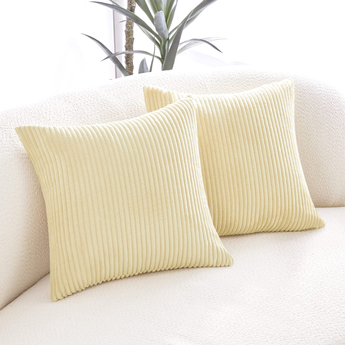 Deconovo Soft Throw Pillow Cover With Beige Pattern, 20X20 Inch, Butter Milk Beige, Corduroy Cushion Covers With Stripes, Solid