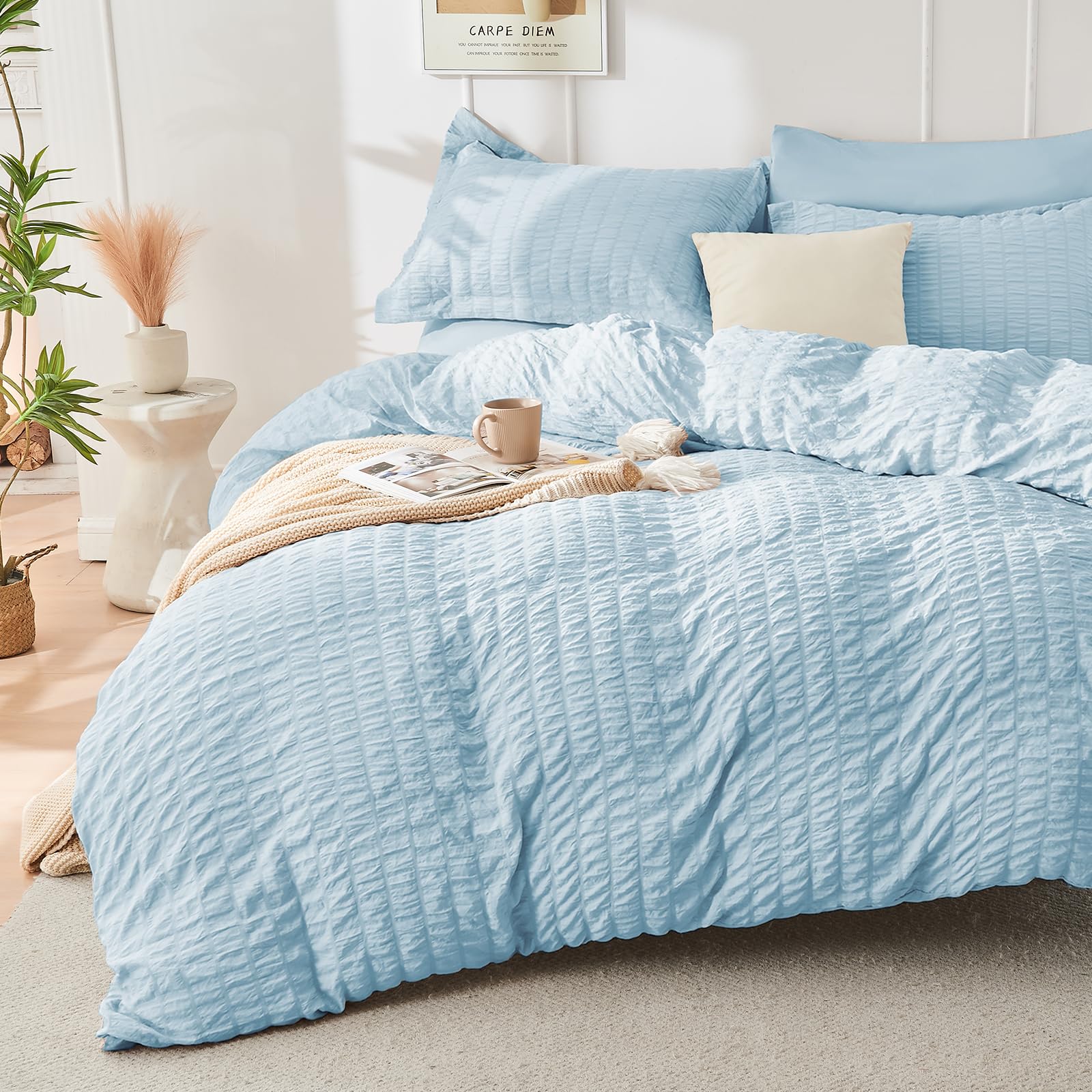 Hymokege Lake Blue Duvet Cover Queen Size, Ultra Soft 3-Piece Seersucker Duvet Cover Set With Zipper Closure, Soft Brushed Micro