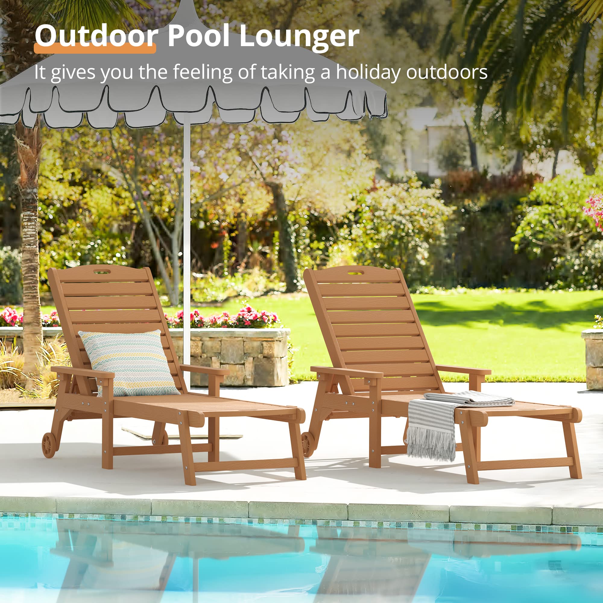 Lue Bona Outdoor Chaise Lounge Chairs Set Of 4, Hdps Material, 3-Year Warranty, Patio Lounge Chair With Adjustable Backrest, Resin Pool Lounge Chairs With Wheels For Outside, Poolside, Teak Color