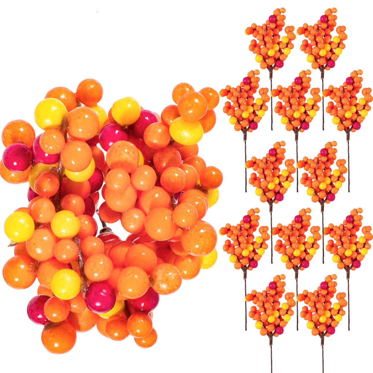 Whaline Autumn Orange Berry Twig Stem, 12 Pack Artificial Orange Berry Picks for Fall Decor, Christmas Tree Decorations, Crafts,