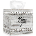 Yiyiring Bless You Beaded Square Tissue Box Cover, Rustic Farmhouse Vintage Wooden Tissue Holder White Box Distressed Napkin Hol