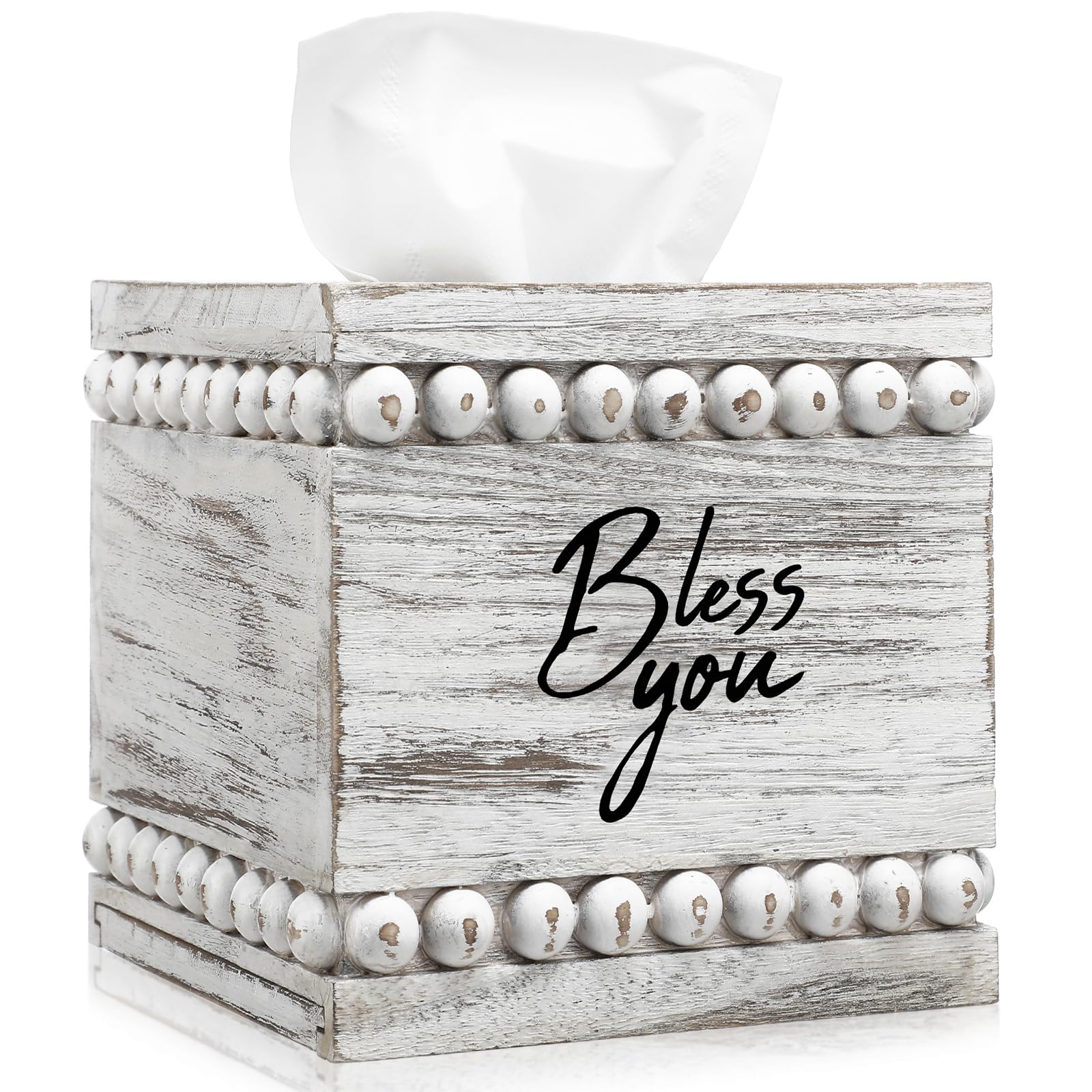 Yiyiring Bless You Beaded Square Tissue Box Cover, Rustic Farmhouse Vintage Wooden Tissue Holder White Box Distressed Napkin Hol