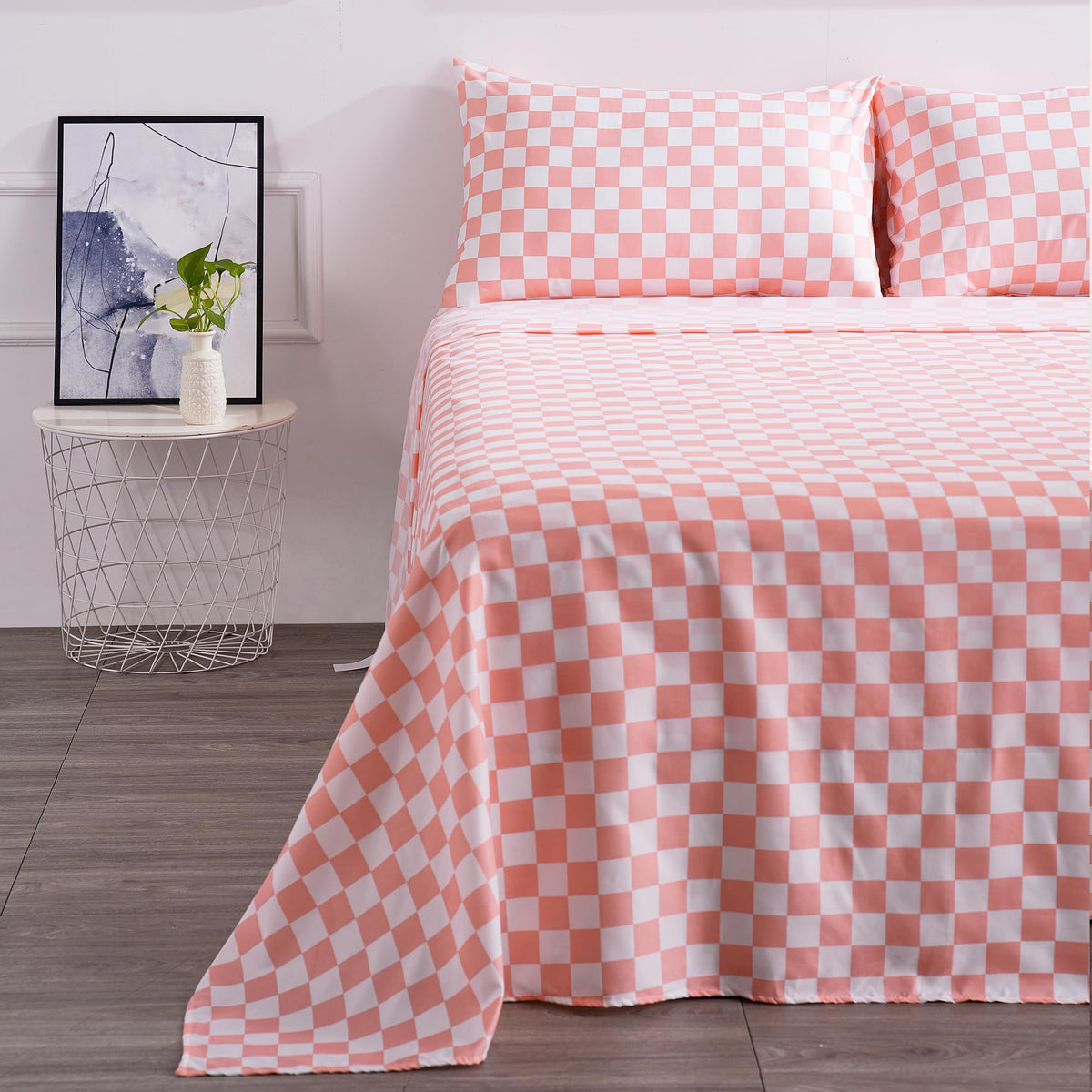 Queen Size Sheet Set 4 Piece -Microfiber Soft Durable Bedding Sheet Set,Deep Pocket,Stain,Fade & Wrinkle Resistant (Plaid Coral&