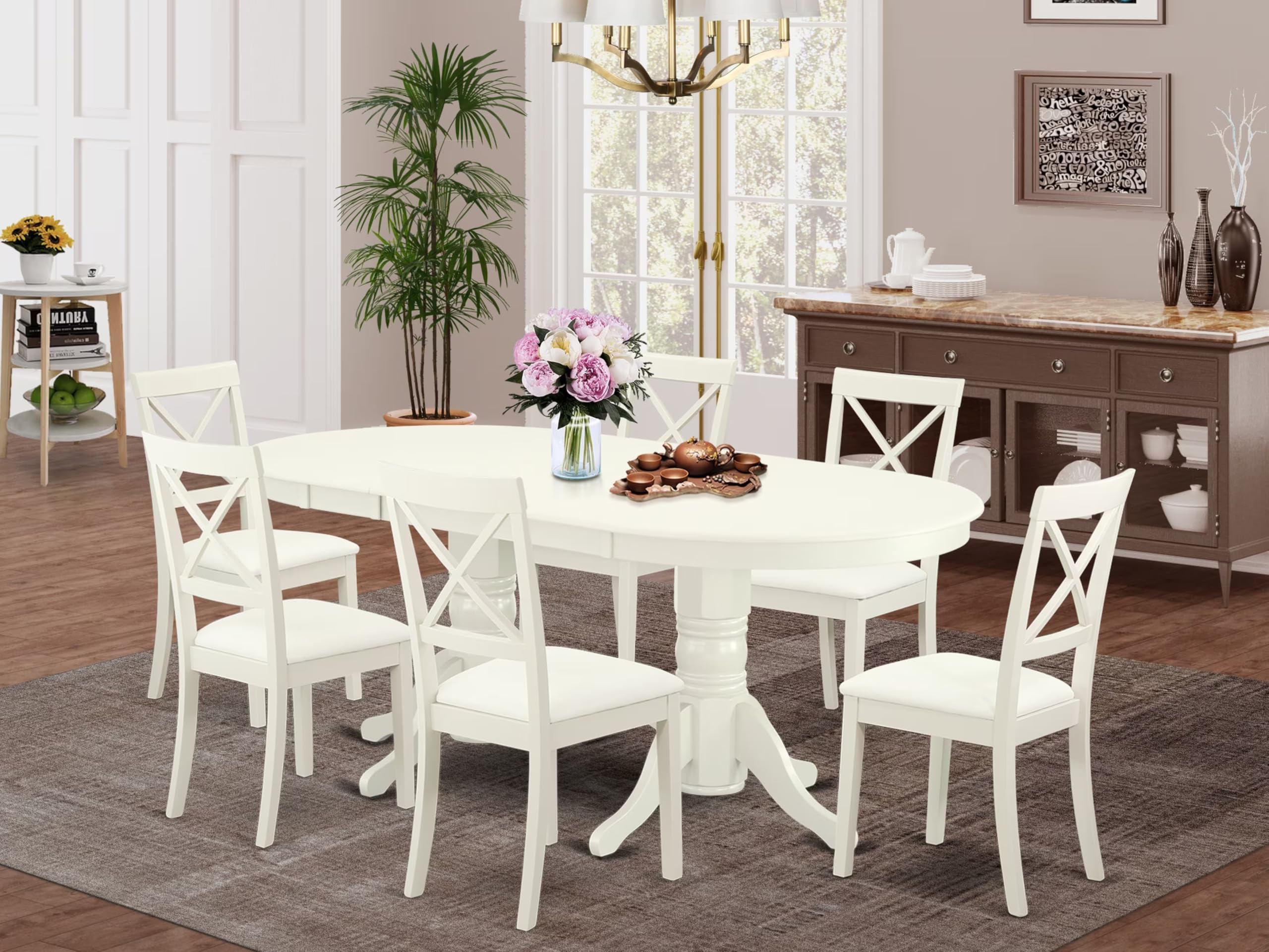 East West Furniture Vabo7-Lwh-Lc 7 Piece Dining Table Set Consist Of An Oval Dinner Table With Butterfly Leaf And 6 Faux Leather Dining Room Chairs, 40X76 Inch, Linen White