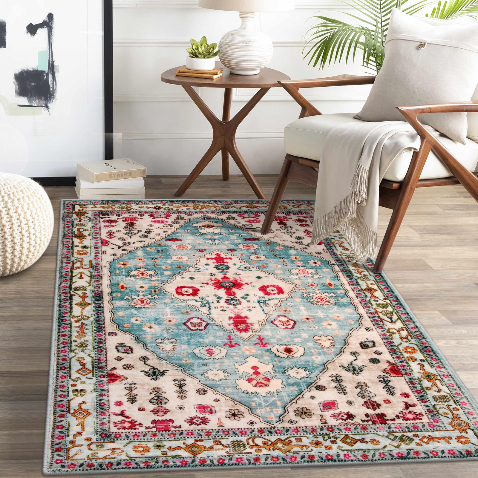Lahome 3x5 Boho Tribal Washable Rug, Non Slip Rugs for Entryway Bedroom Living Room, Vintage Ultra Soft Non-Shedding Indoor Floo