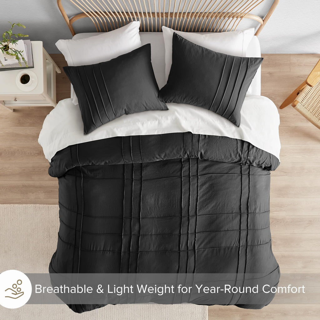 Comfort Spaces Black Queen Size Duvet Cover Set - 3 Pieces Pintuck Pleated Duvet Cover Queen, All Season Lightweight, Extra Softness Pre-Washed Microfiber Queen Bedding Cover Shams, Full/Queen