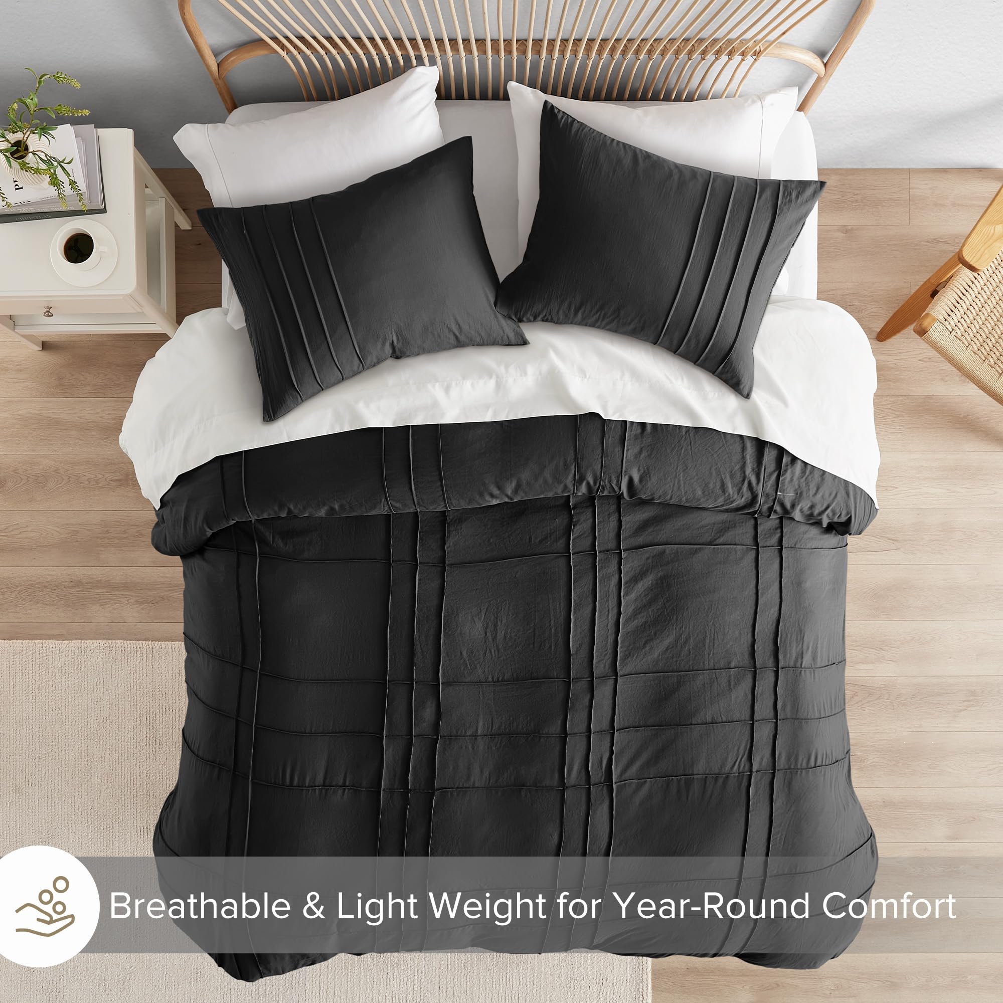 Comfort Spaces Black Queen Size Duvet Cover Set - 3 Pieces Pintuck Pleated Duvet Cover Queen, All Season Lightweight, Extra Softness Pre-Washed Microfiber Queen Bedding Cover Shams, Full/Queen