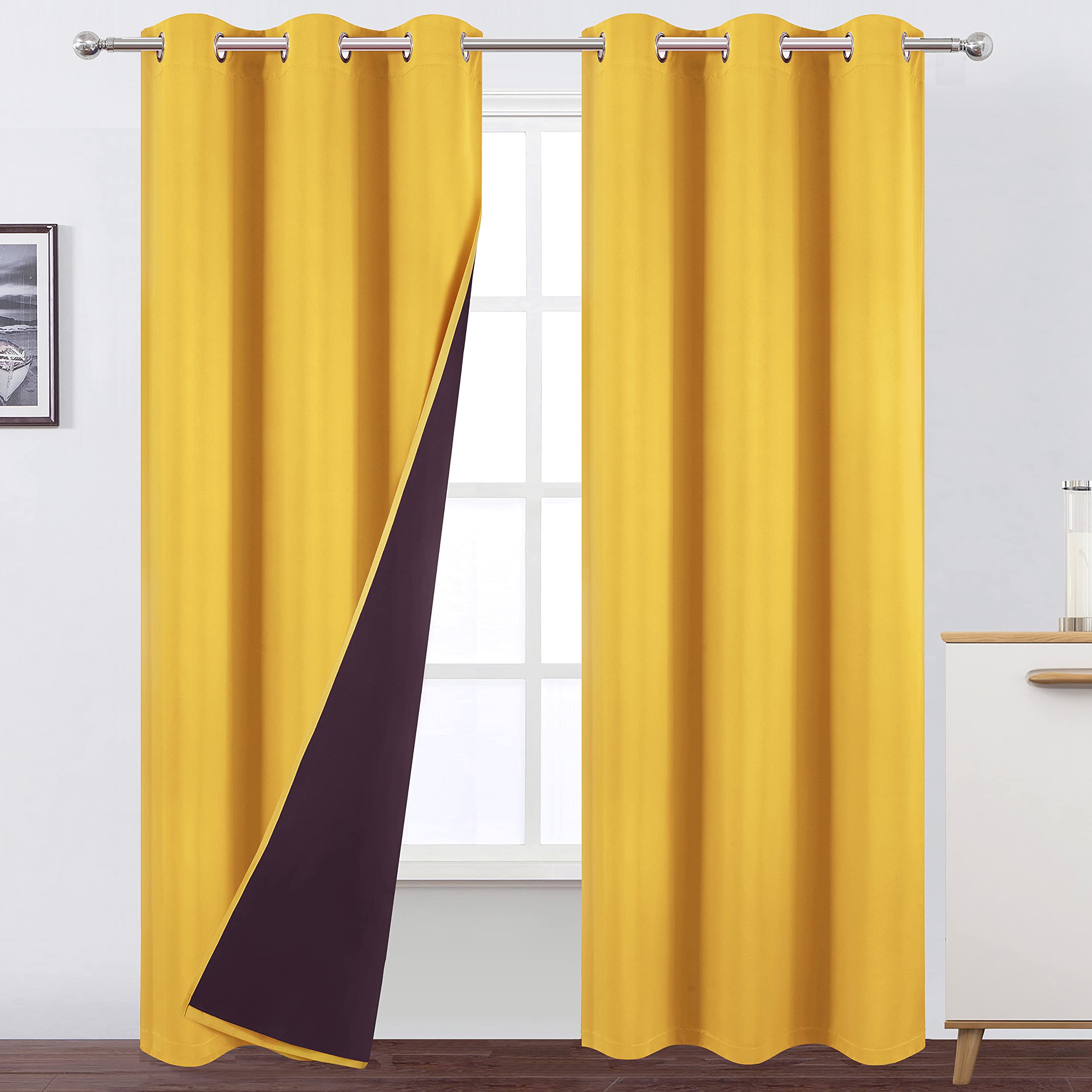 Lemomo 100% Blackout Curtains 40 X 84 Inch/Yellow Curtains 2 Panels With Black Lining Room Darkening Thermal Insulated Bedroom C