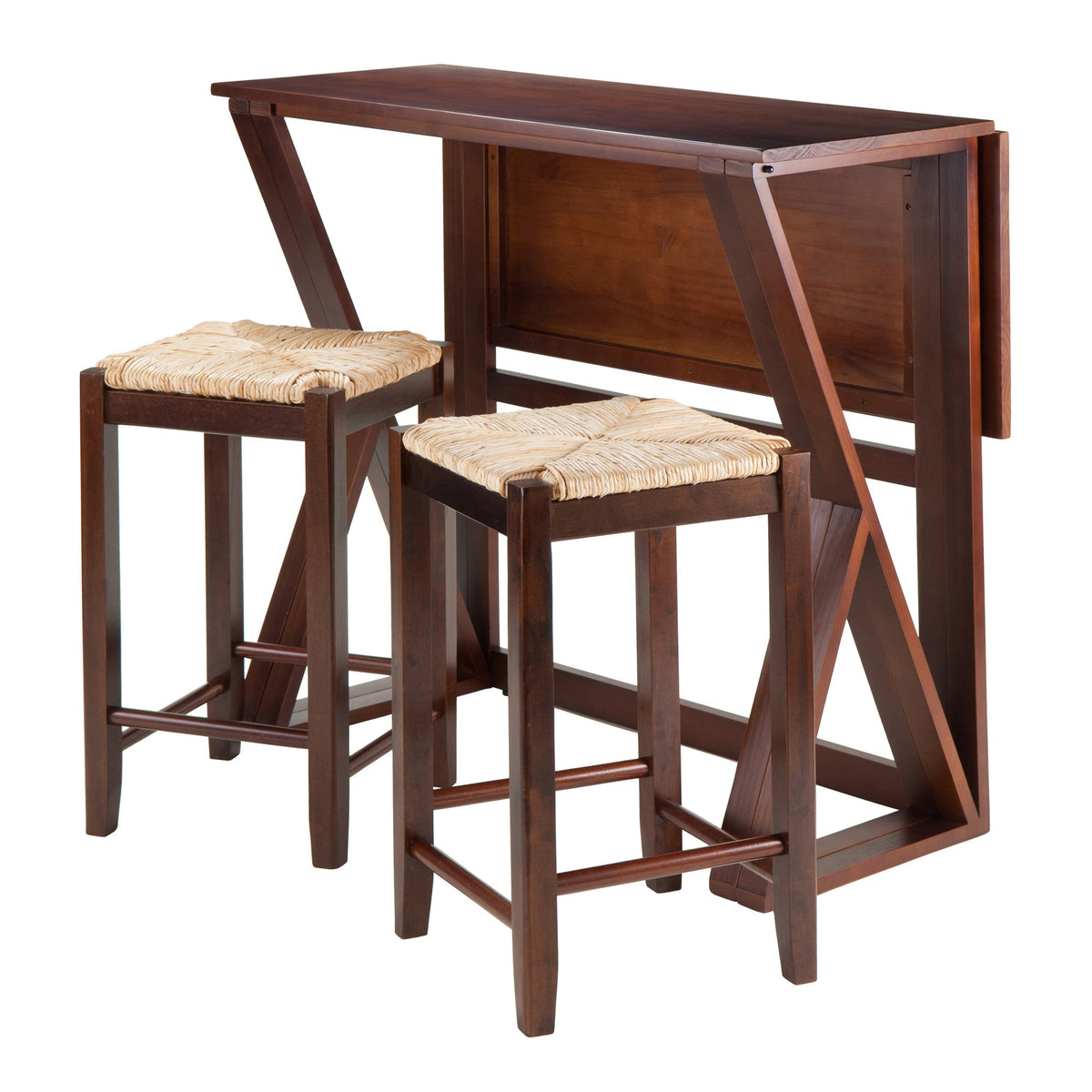 Winsome 3-Piece Harrington Drop Leaf High Table With 2 Rush Seat Stools, 24-Inch, Brown