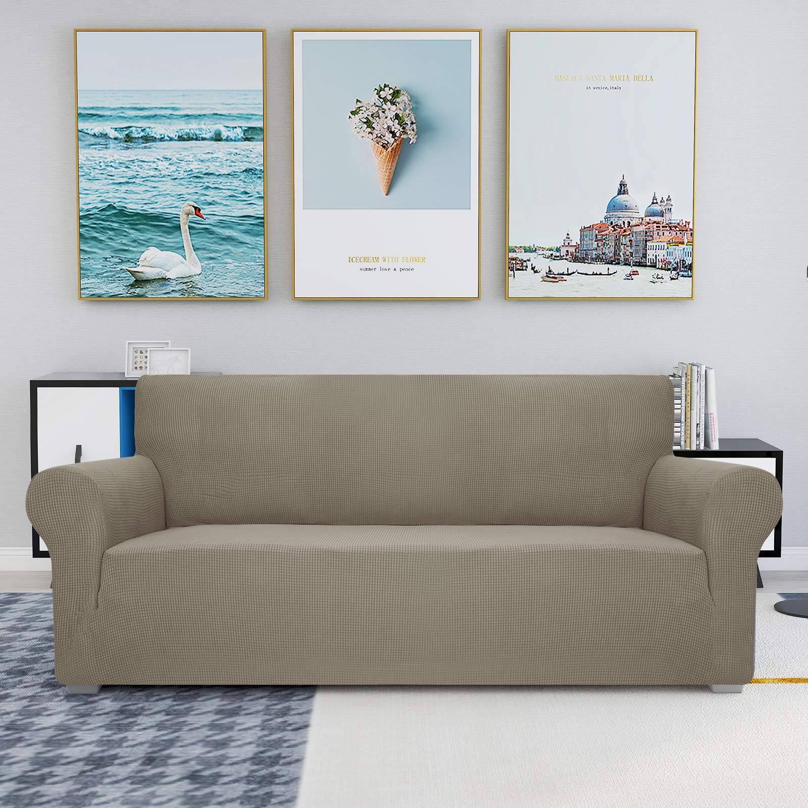 Jiviner High Stretch Couch Covers For 3 Cushion Couch 1-Piece Jacquard Elastic Sofa Slipcovers Anti Slip Sofa Cover With Elastic Bottom Furniture Protector For Kids Pets (Sofa, Khaki)