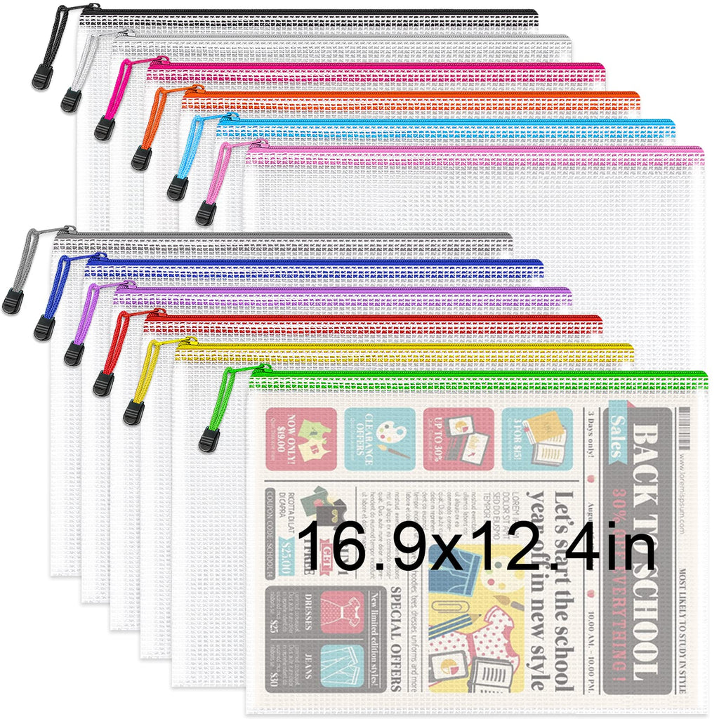 Umriox Zipper Pouch, 16.9X12.4 In (12 Colors, 12 Packs), Extra Large Zipper Bags, Waterproof Zipper Pouches For Office Supplies,