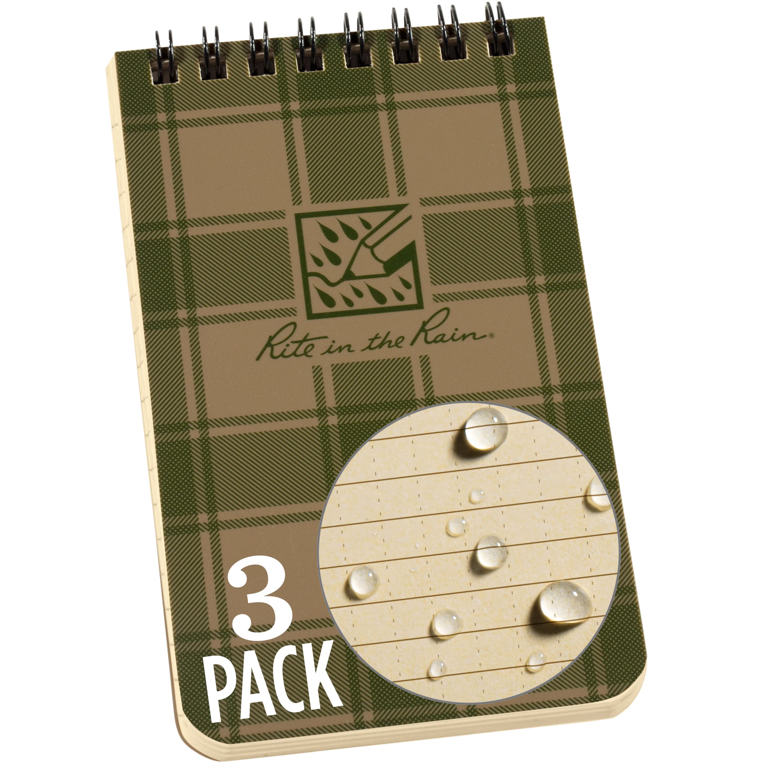 Rite In The Rain Weatherproof Top Spiral Notebook, 3    X 5   , Tan And Green Plaid Cover, Universal Pattern, 3 Pack (No. Pl935T