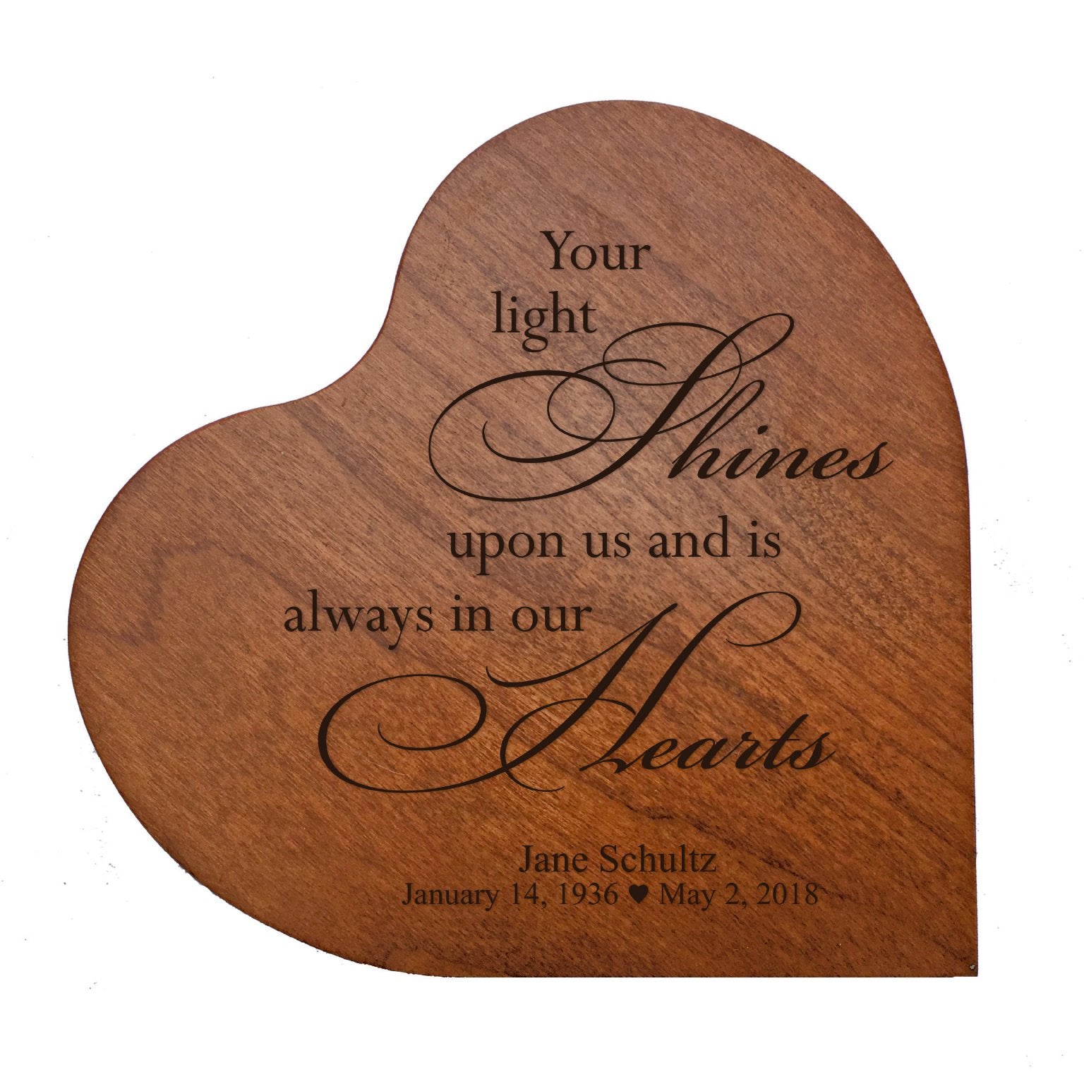 LifeSong Milestones Personalized Engraved Your Light Shines MDF Cherry Memorial Heart Block Custom Sympathy gift ideas for mom, 