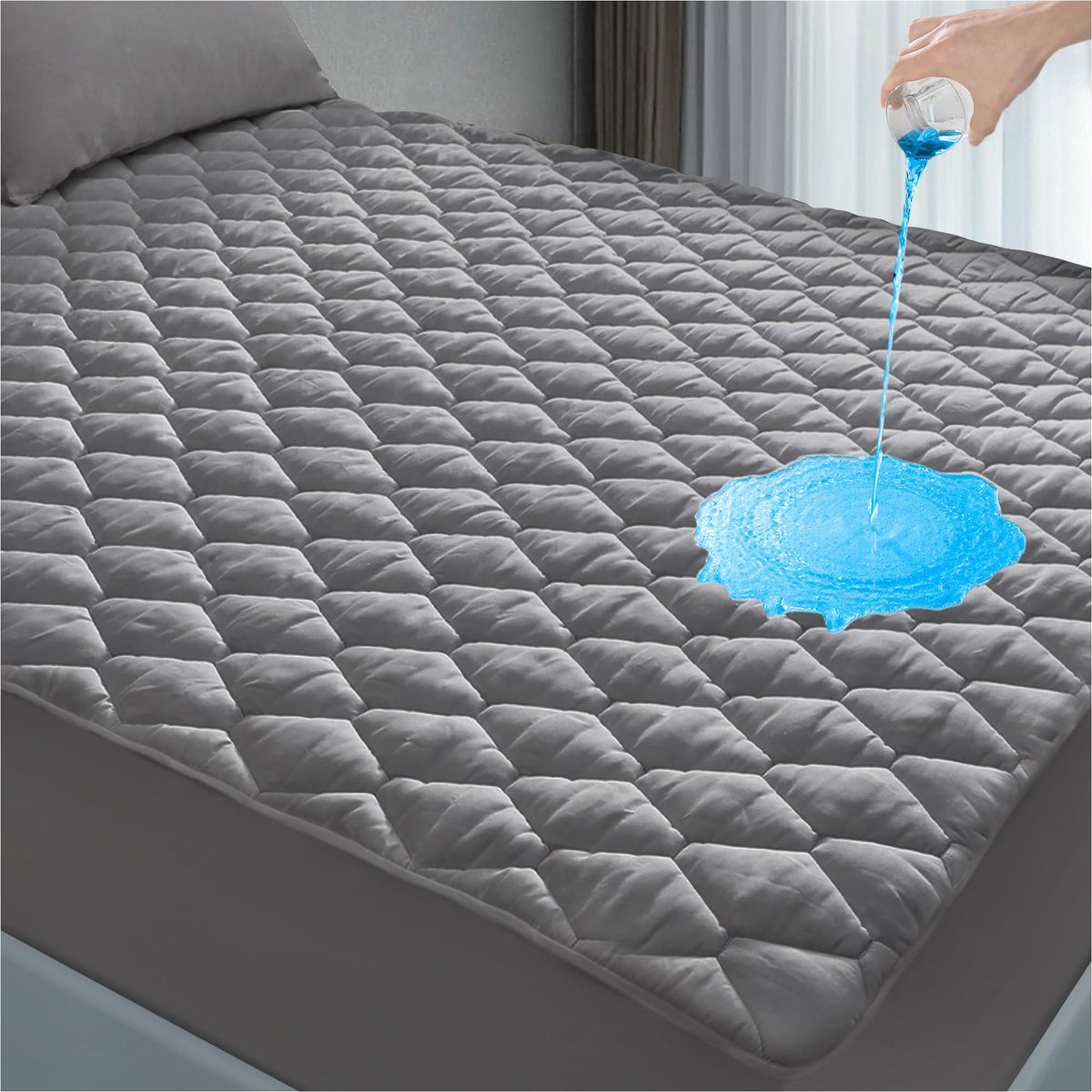 Lunsing Full Size Mattress Protector - Waterproof, Breathable, Quilted, 6-16 Inches Deep Pocket, Grey