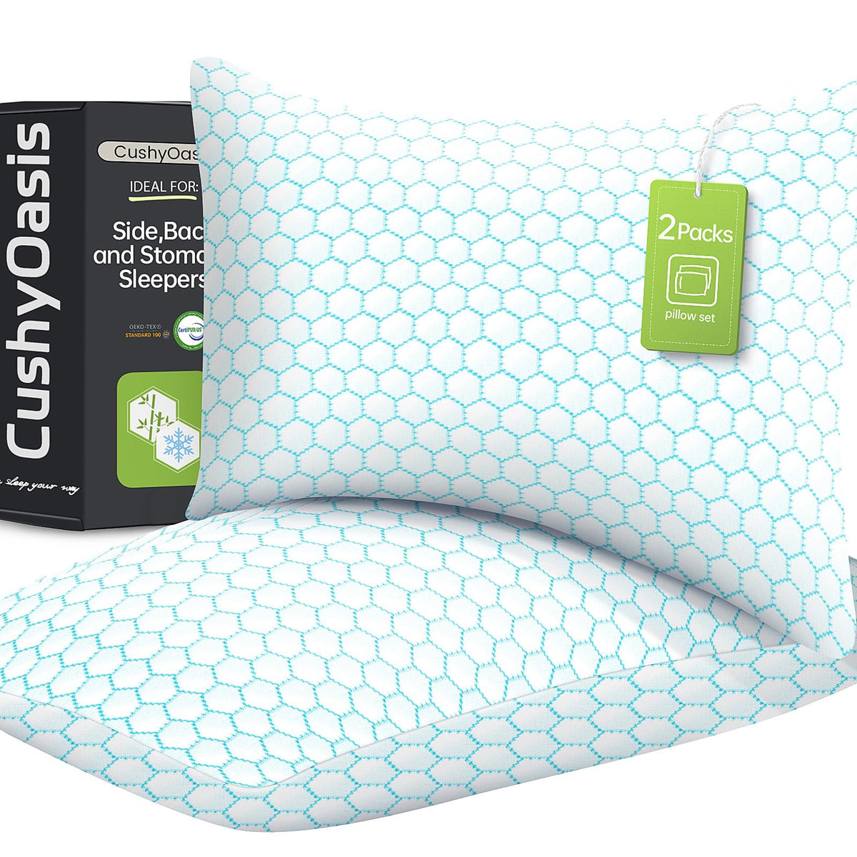 Cushyoasis Shredded Memory Foam Pillow For Sleeping, Cooling Bed Pillows Set Of 2, Adjustable Pillows For Side, Back, Stomach Sl