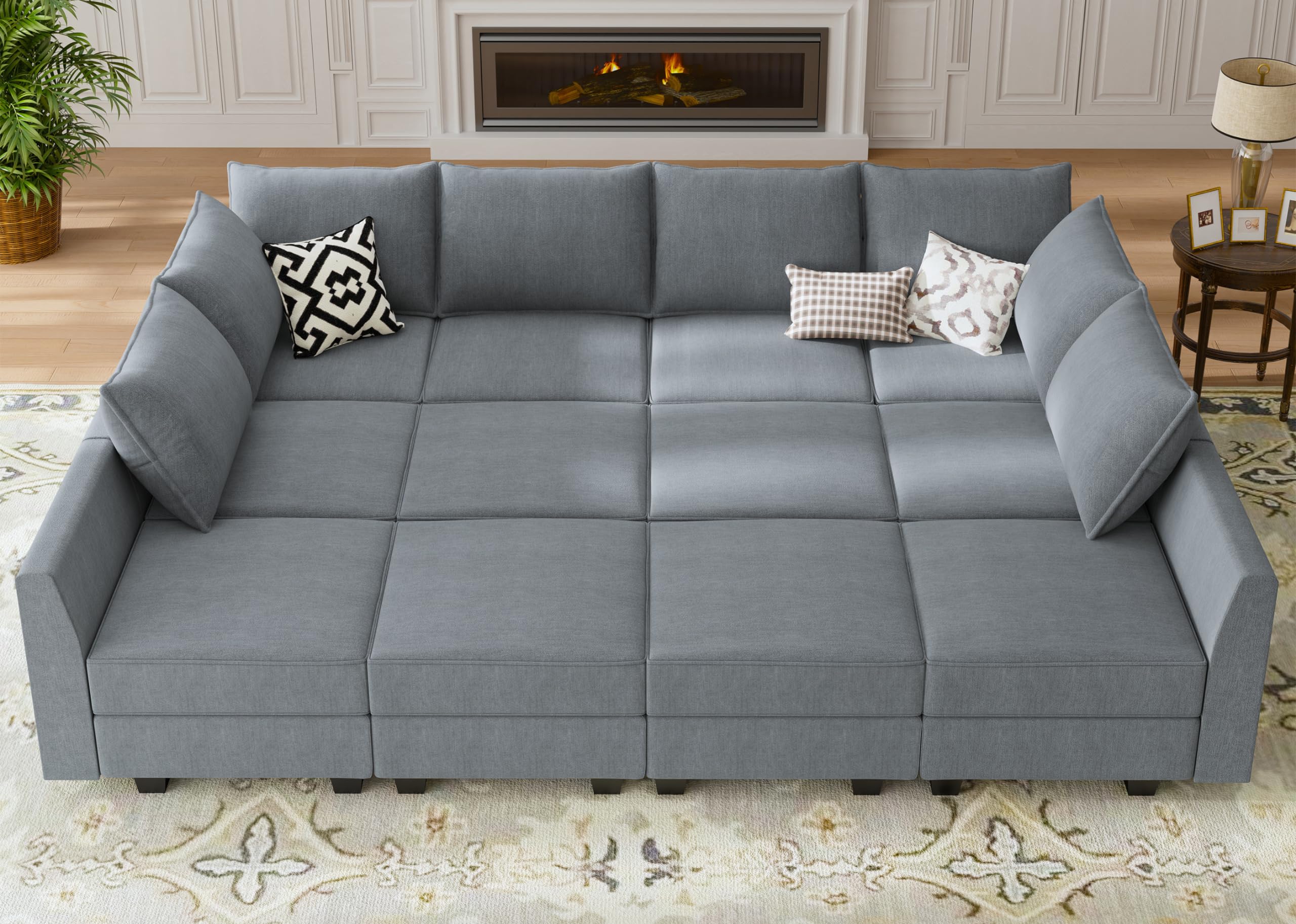 Honbay Convertible Sleeper Sectional Sofa Bed Modular Sofa With Storage Seat Reversible Sectional Sleeper Sofa Set With Modular Sectional Couch Bed, Bluish Grey