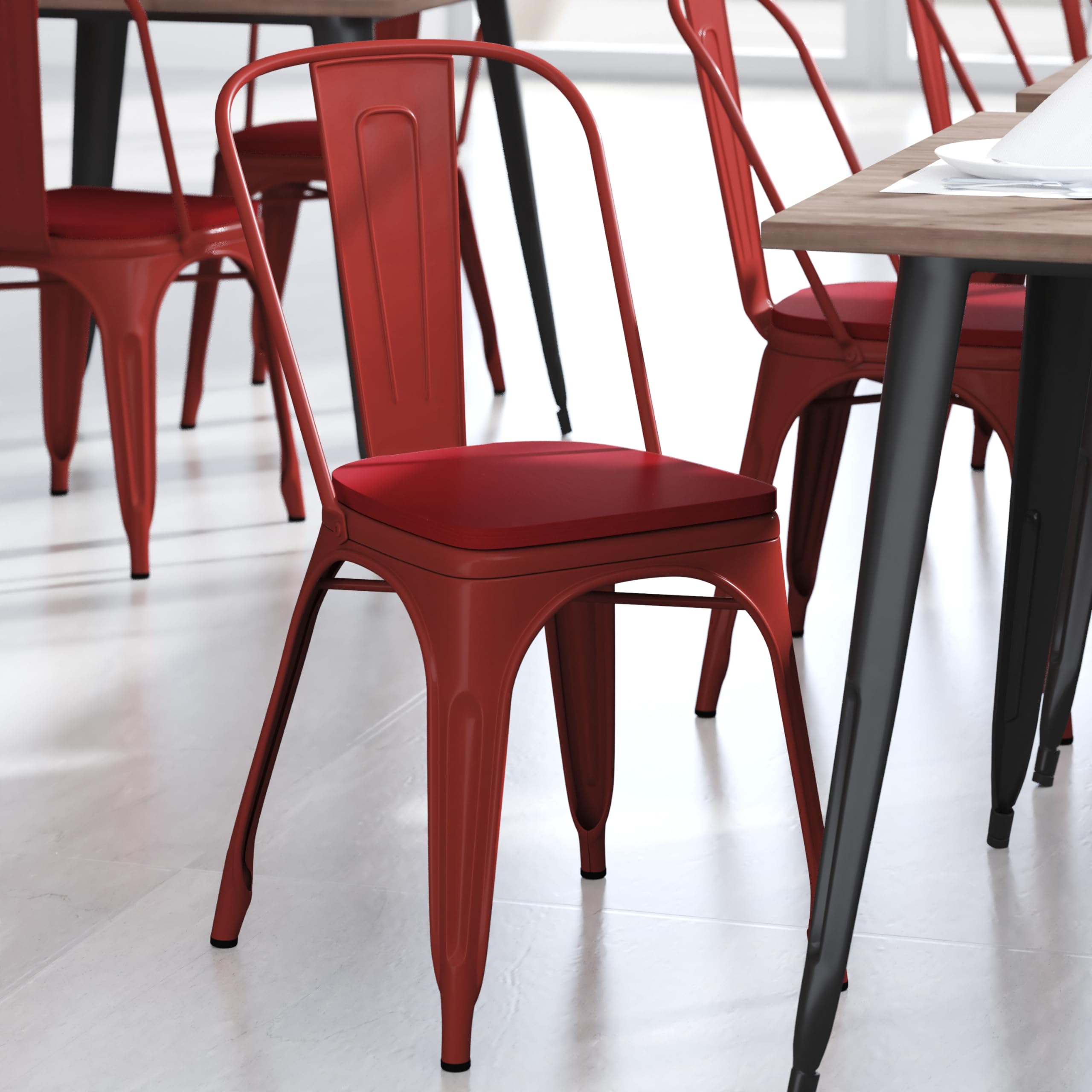 Flash Furniture Perry Indoor/Outdoor Commercial Stackable Chair With Polystyrene Seat - Red Metal Frame - Red Poly Resin Seat - Rounded Seat Edges For Comfort