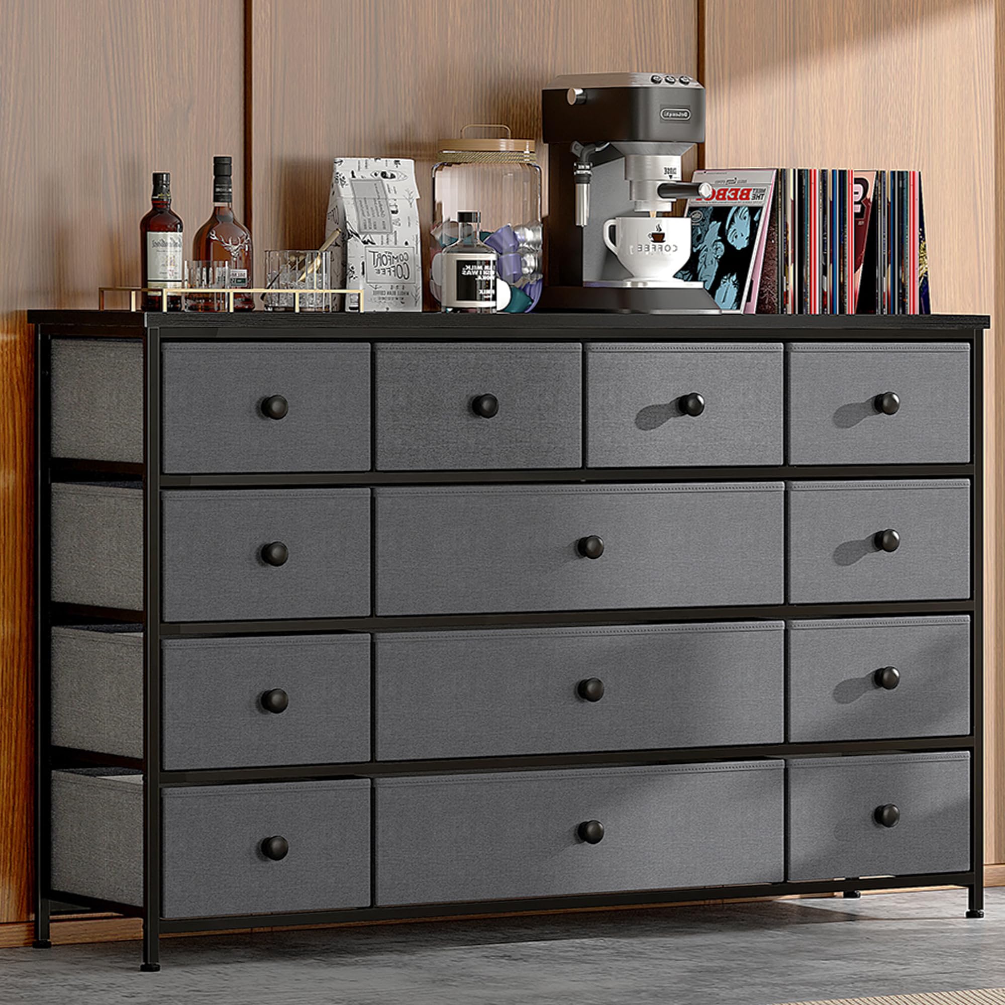 Enhomee 13 Dresser For Bedroom, Wide Dresser With 13 Drawers, Dressers & Chests Of Drawers With Wood Top, Fabric Dresser For Bedroom Living Room Entryway,11.8' D X 39.4' W X 31.49' H,Dark Grey