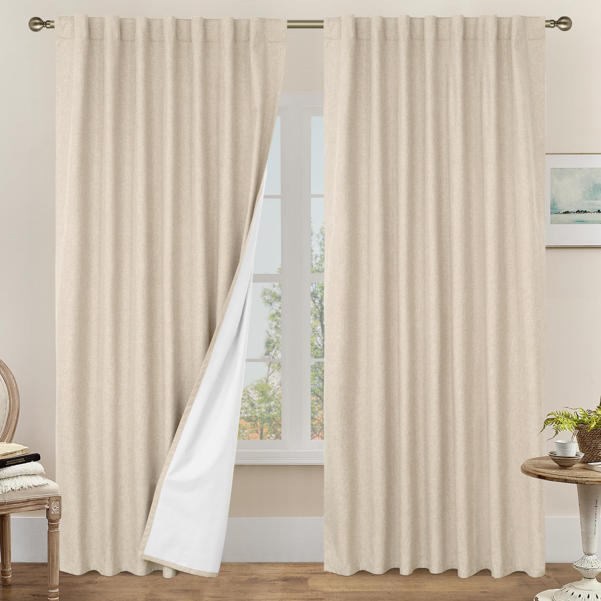 LAMIT 100% Blackout Linen Curtains, 84 Inch Linen Textured Living Room Farmhouse Curtains Room Darkening Back Tab and Rod Pocket