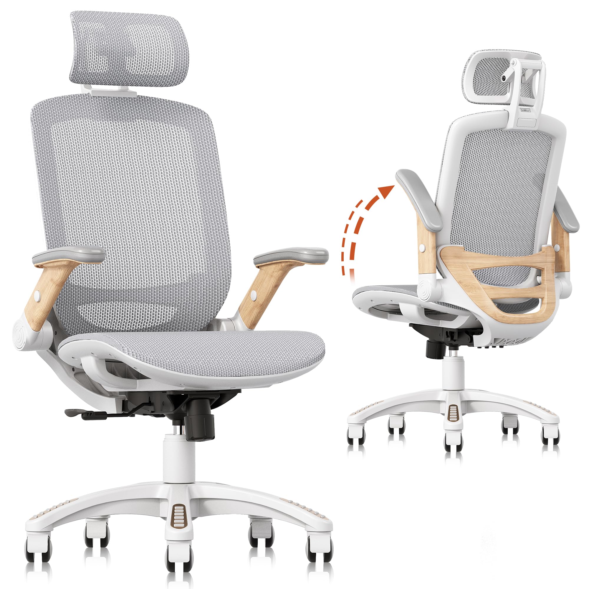GABRYLLY Ergonomic Office Chair, High Back Home Desk Chair with Flip-Up Arms, Headrest, 90-120 Tilt and Wide Cushion, 400LBS Whi
