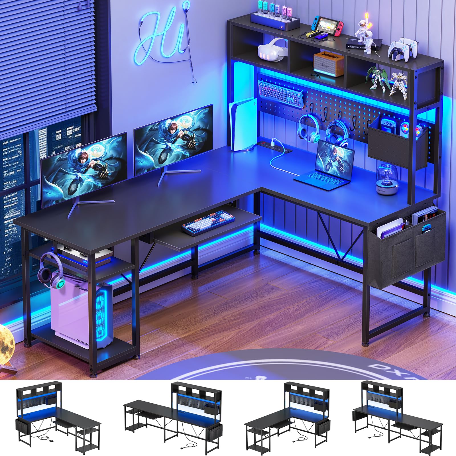 SEDETA L Shaped Gaming Desk with Hutch, 57.5    Reversible Corner Computer Desk with Storage Shelves, Gaming Desk with Pegboard,