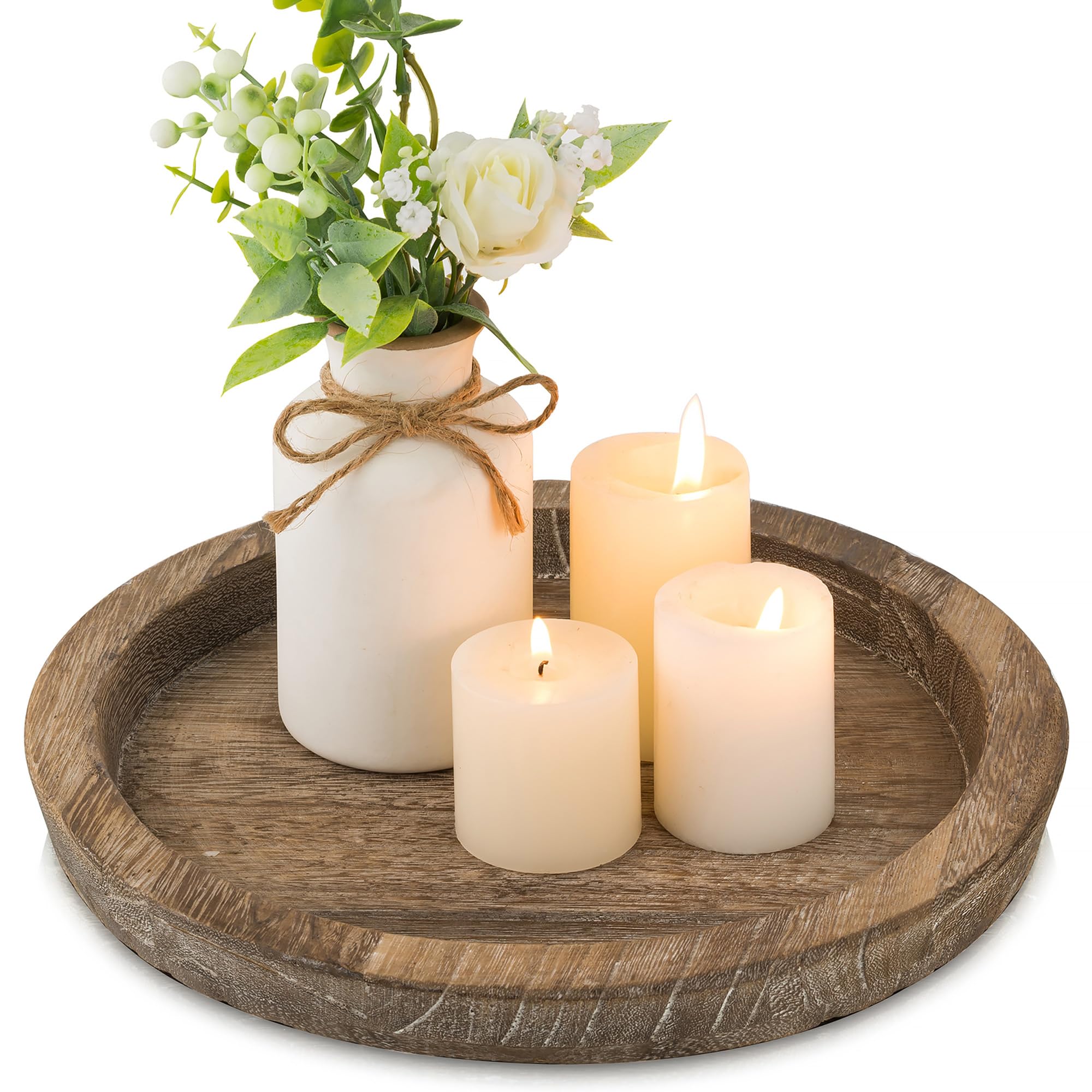 Hanobe Candle Plate Holder Tray: Round Wooden Decorative Candle Plate Small Farmhouse Table Centerpiece Rustic Wood Tealight Pil