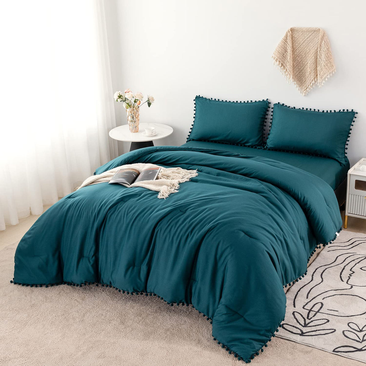 Perfemet 5 Pcs Boho Bed In A Bag Queen Teal Boho Chic Pom Pom Fringe Comforter For Girls Women Ultra Soft Lightweight Bedding Wi