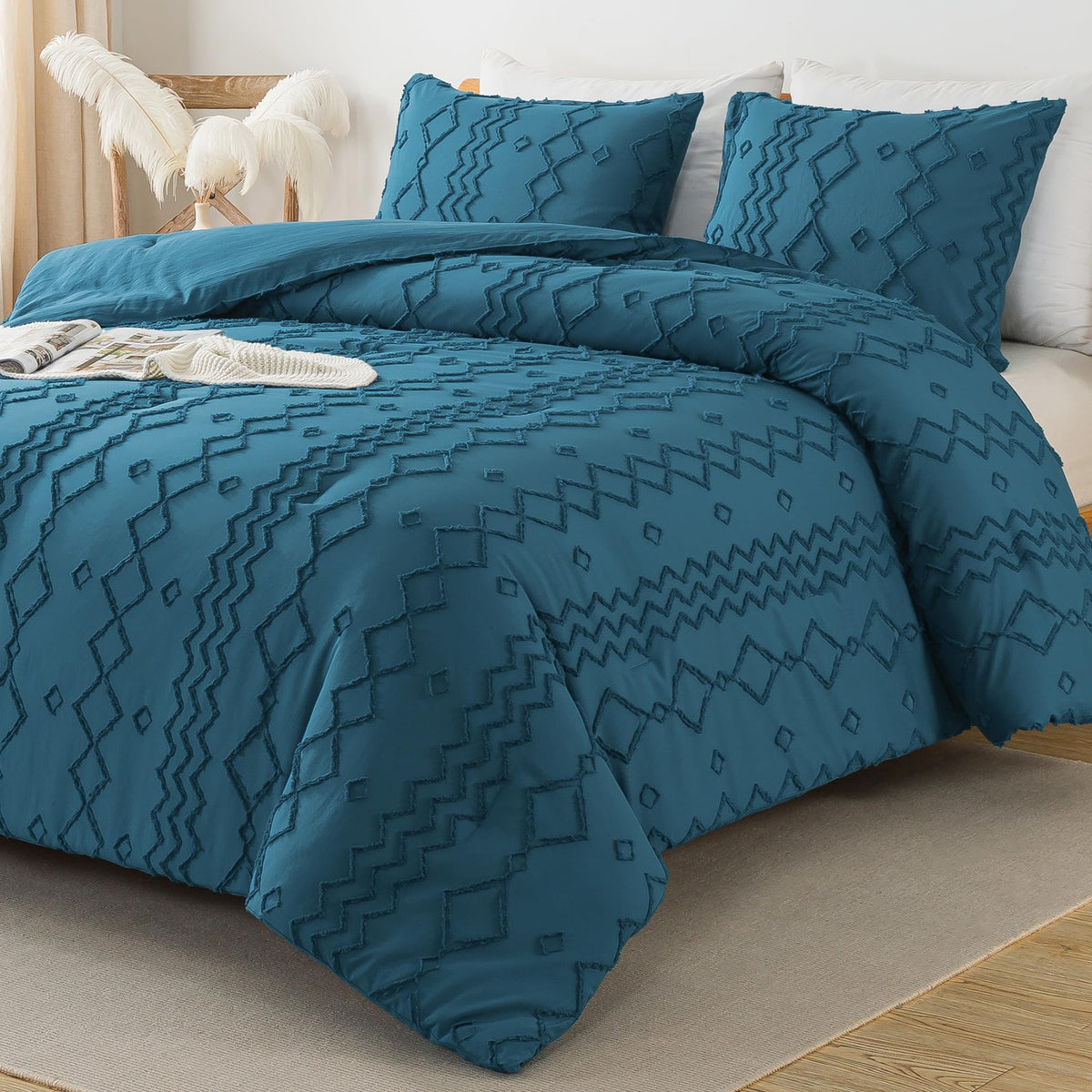 Andency Teal Tufted Comforter Set King(104X90Inch), 3 Pieces(1 Boho Comforter, 2 Pillowcases) Textured Farmhouse Comforter, Soft Microfiber Down Alternative Geometric Comforter Bedding Set