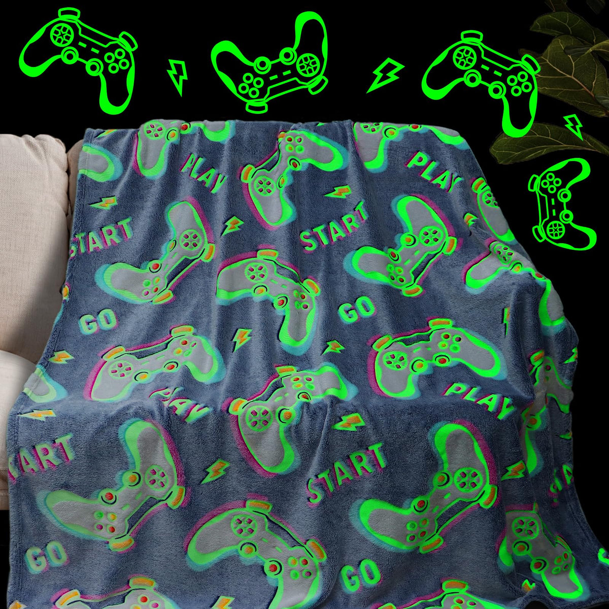 Obinsm Glow In The Dark Gaming Blanket Gamer Game Controller Throw Gift Toys For Kids Boys Teen Son Adult Gamepad Presents Easte