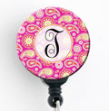 T Initial Pink Paisley - Retractable Badge Reel With Swivel Clip And Extra-Long 34 Inch Cord - Badge Holder
