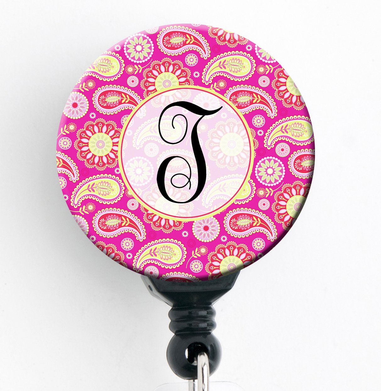T Initial Pink Paisley - Retractable Badge Reel With Swivel Clip And Extra-Long 34 Inch Cord - Badge Holder