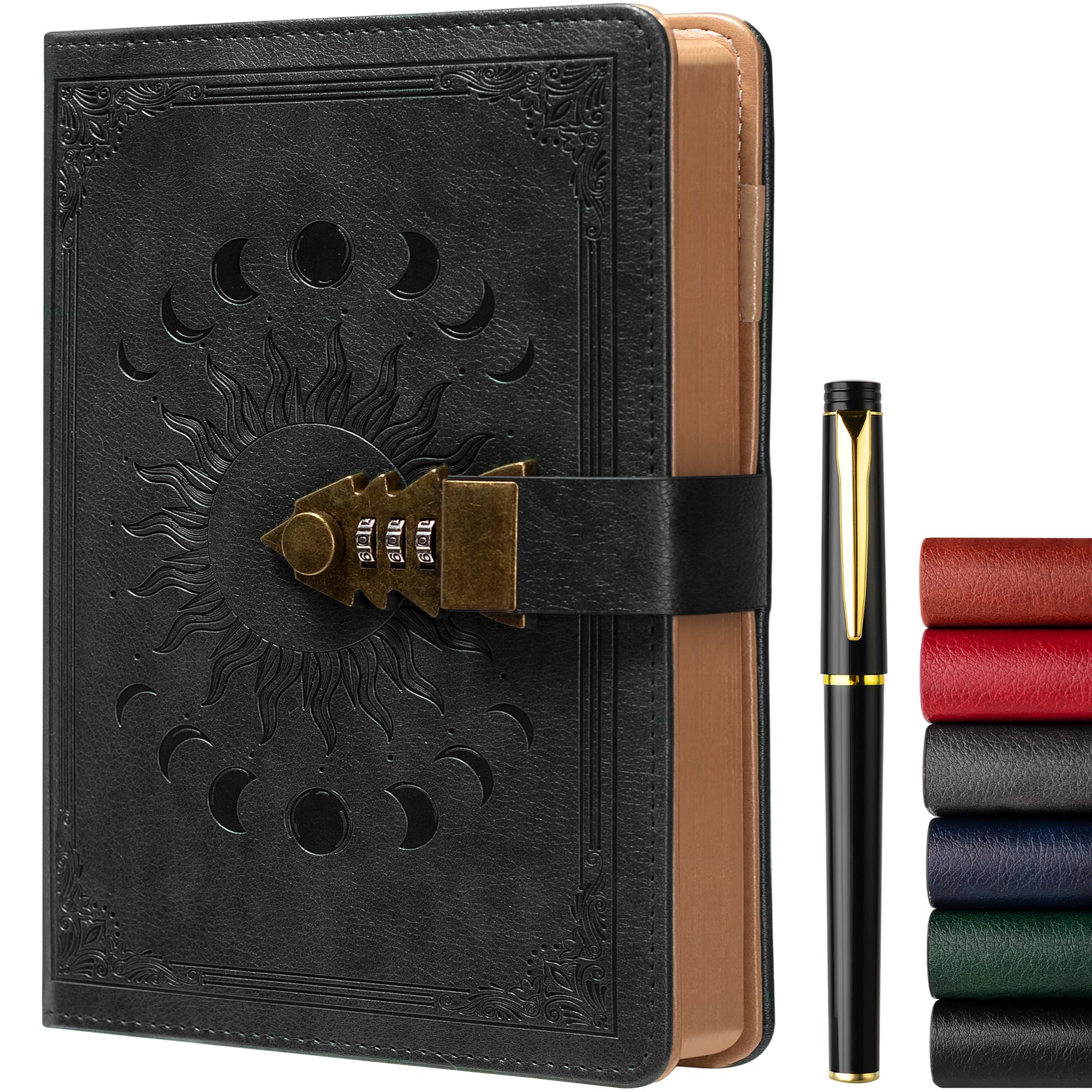 Zxhq A5 Journal With Lock, 120Gsm 224 Pages Lock Diary, Pen Set, Brown Edge, Refillable, Leather Hardcover, Fine Inner Pocket (5